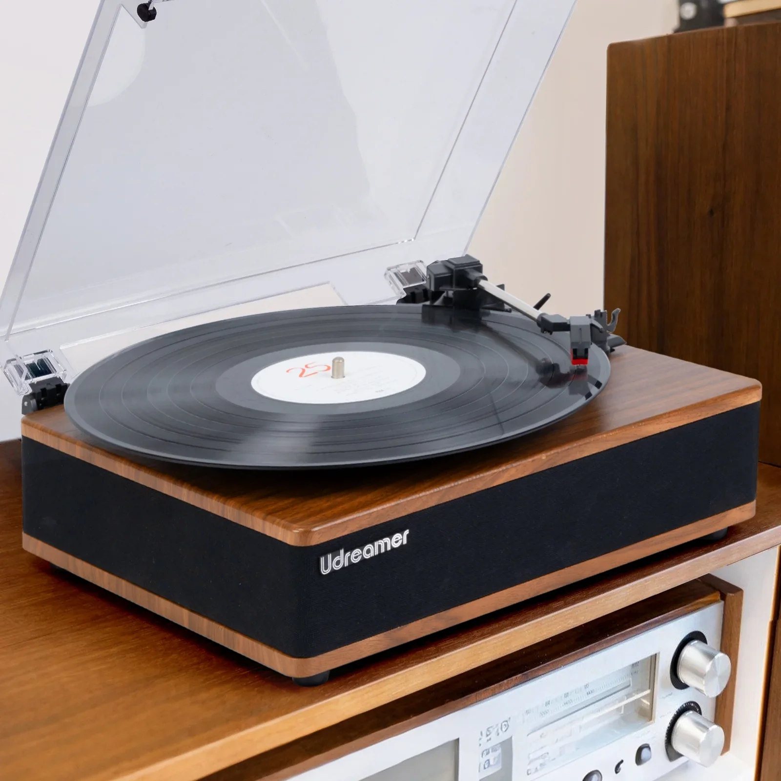 Udreamer Vinyl Record Player with Speakers & 3-Speed and Wireless Bluetooth, Brown - Image 3
