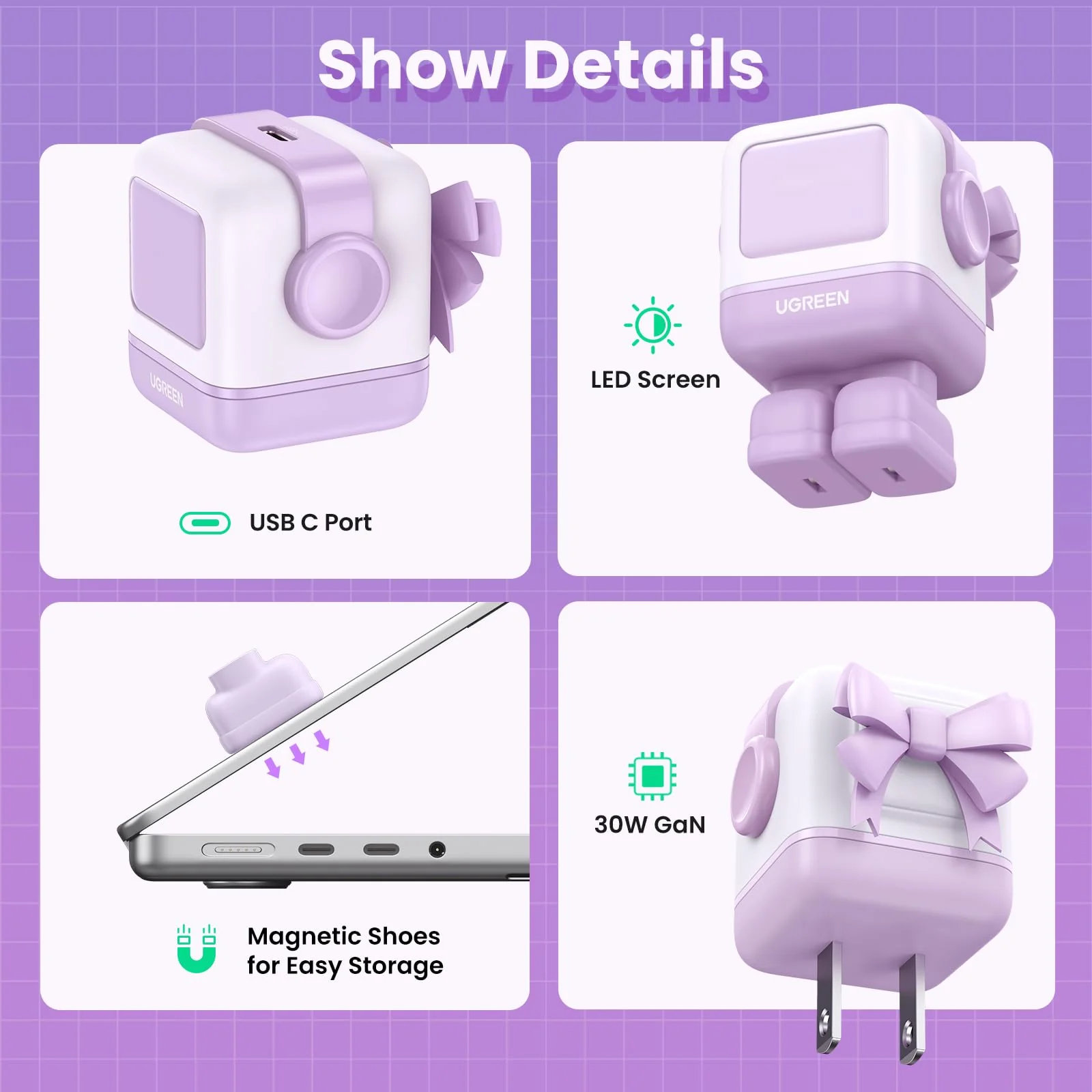 Ugreen Nexode RG 30W USB-C GaN Charger, Robot Design, Compact Foldable Plug, Kawaii Purple - Image 4
