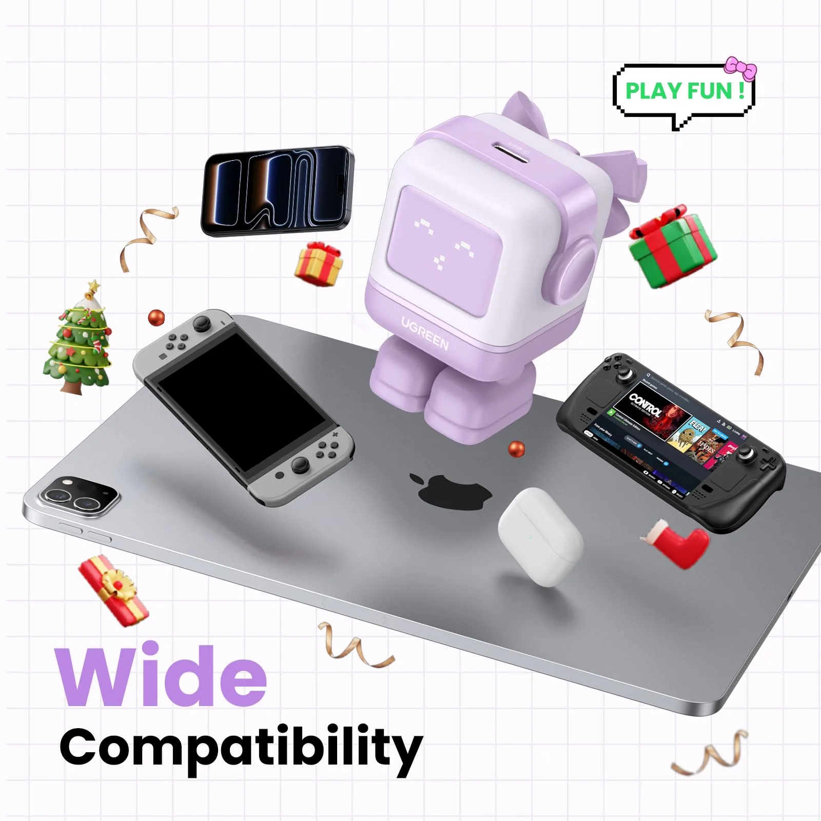 Ugreen Nexode RG 30W USB-C GaN Charger, Robot Design, Compact Foldable Plug, Kawaii Purple - Image 6