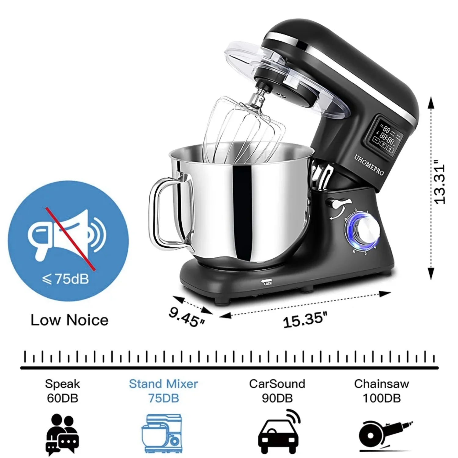 Uhomepro 8.5QT Stand Mixer for Home Commercial, 6+0+P-Speed Tilt-Head 660W Kitchen Dough Mixer, LED Display Electric Cake Mixer With Dough Hook, Beater, Egg Whisk, Spatula, Dishwasher Safe, Black - Image 3