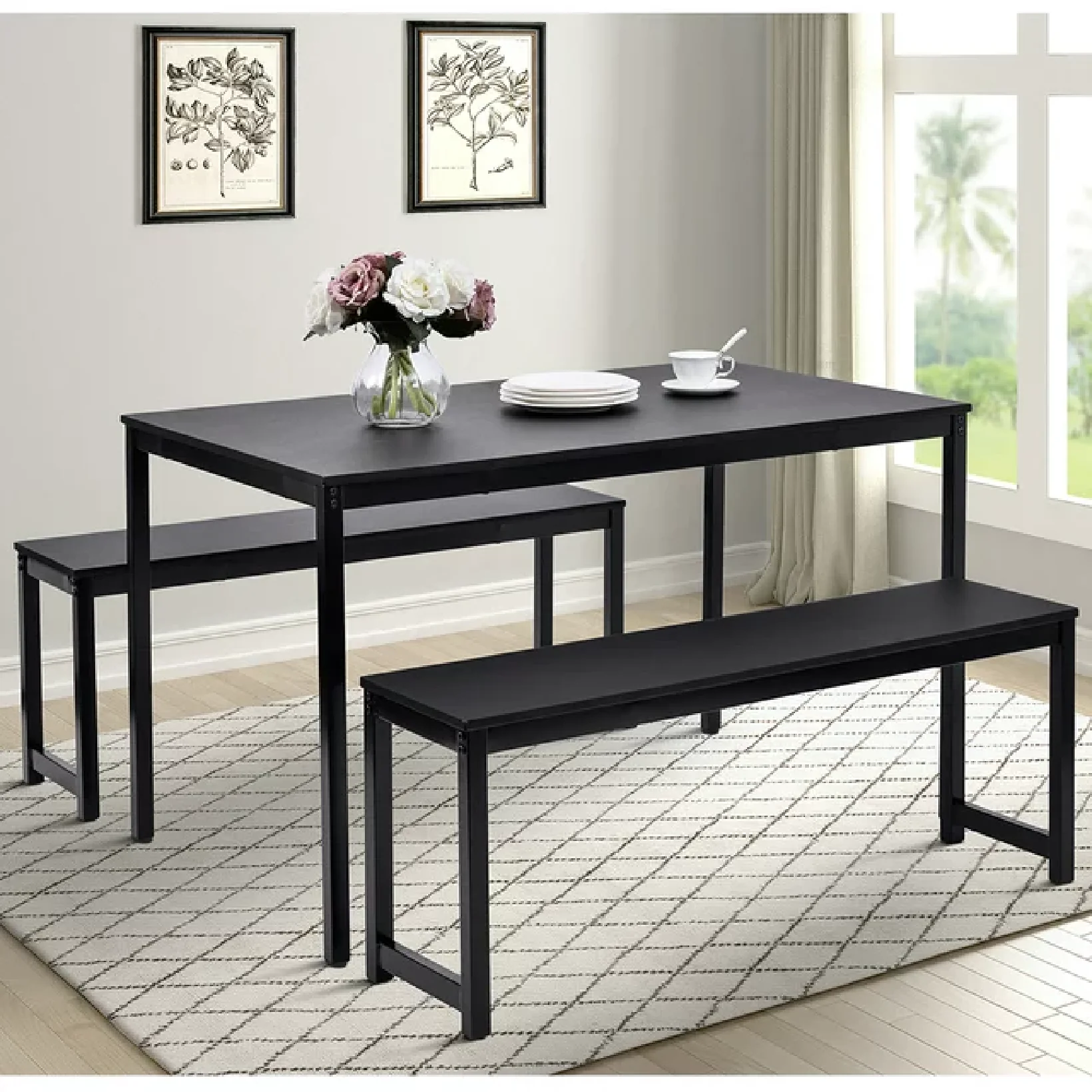 uhomepro Q14490 3-Piece Breakfast Nook Dining Table Set with Two Benches, Black