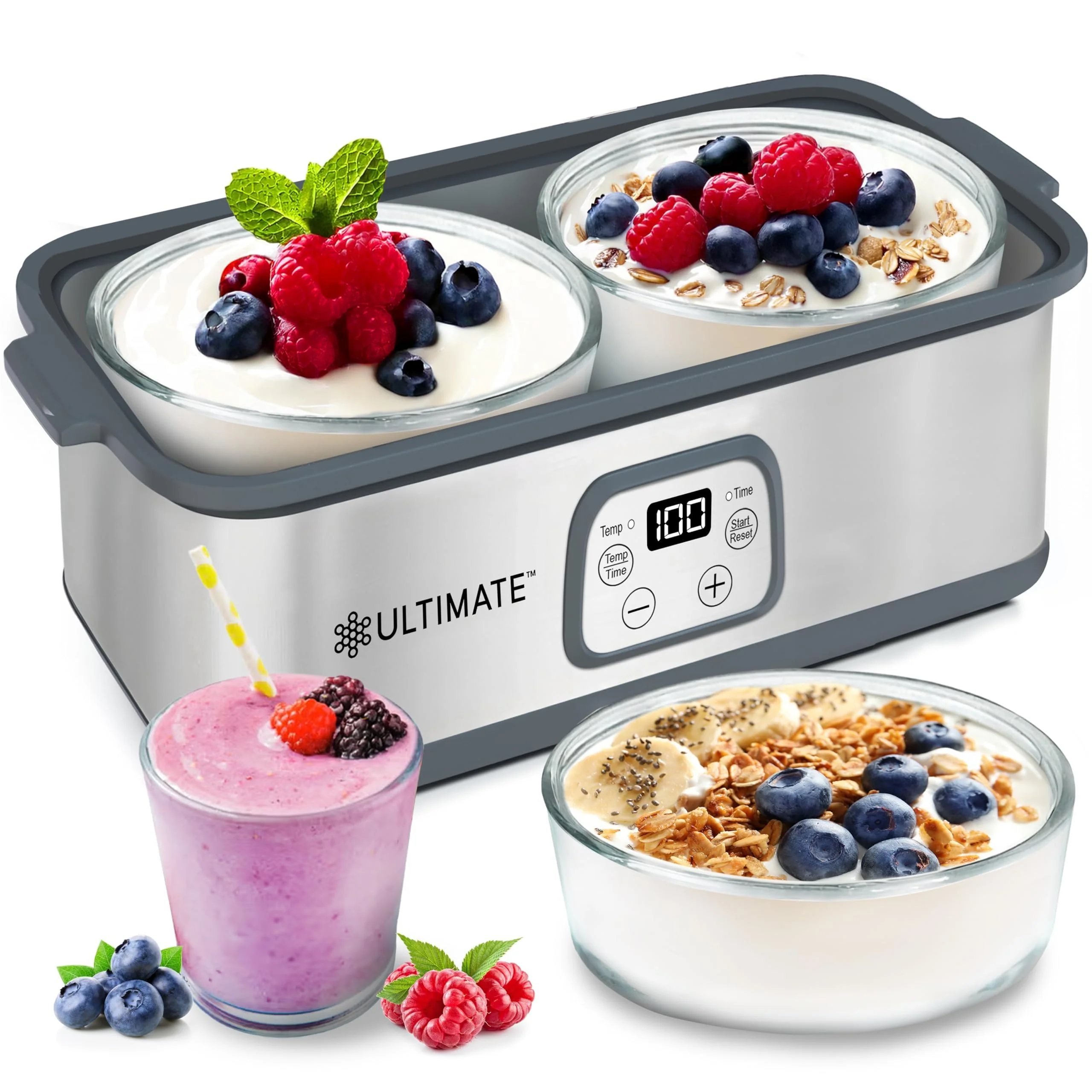 Ultimate Probiotic Yogurt Maker with Adjustable Temperature Control 68-131F, Two 1-Quart Glass Containers, Stainless Steel UYM2.3