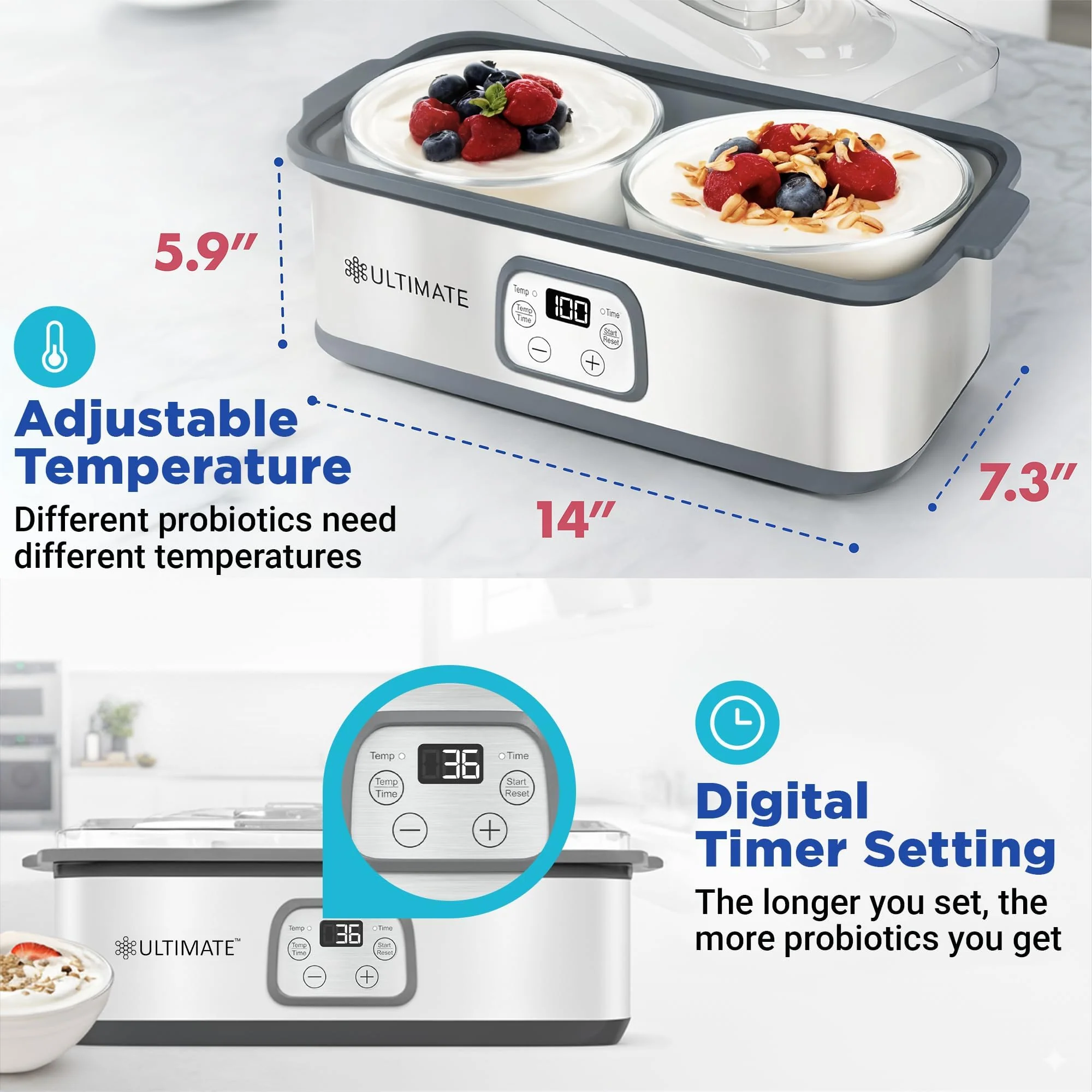 Ultimate Probiotic Yogurt Maker with Adjustable Temperature Control 68-131F, Two 1-Quart Glass Containers, Stainless Steel UYM2.3 - Image 2
