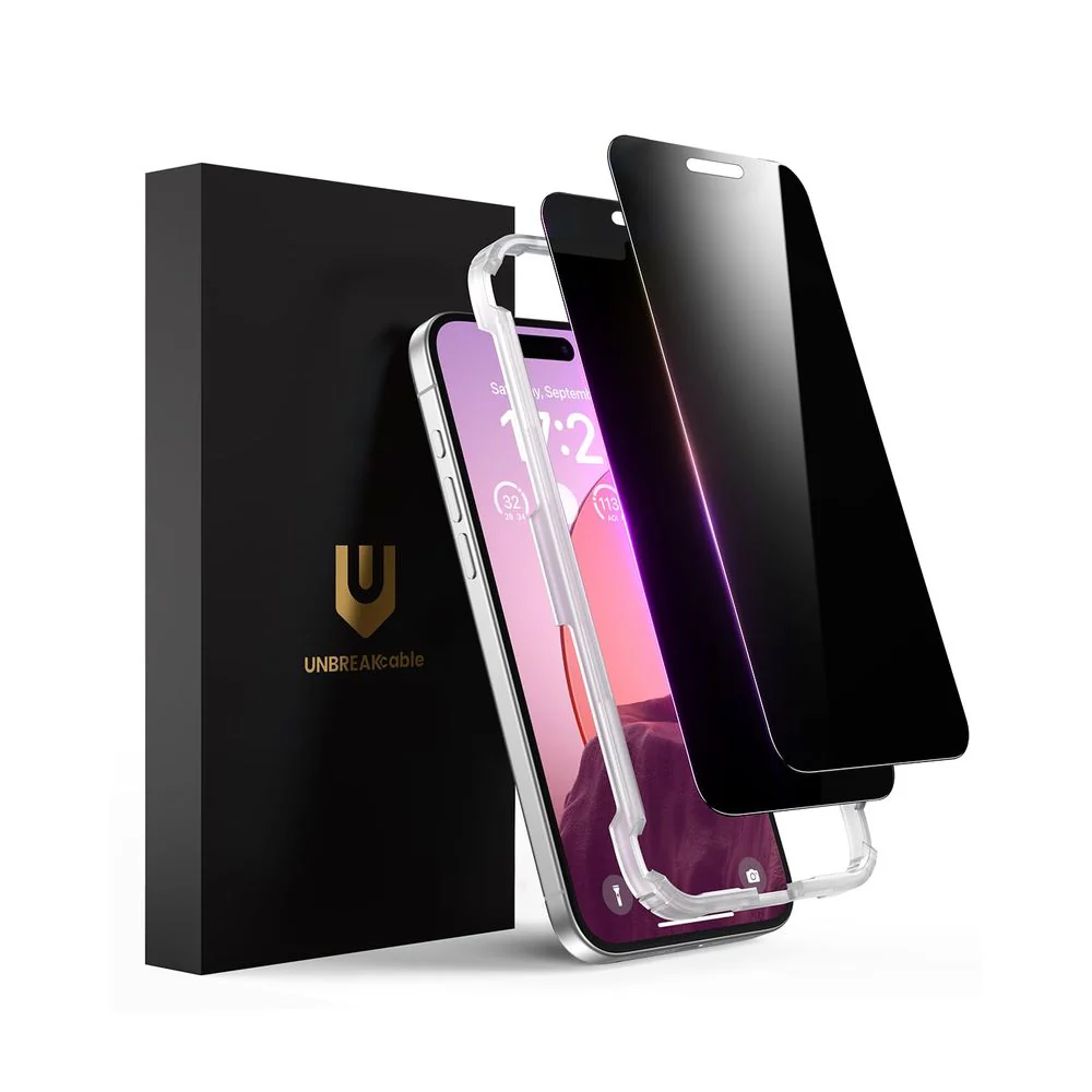 UNBREAKcable iPhone 15/16 Privacy Screen Protector, 2 Pack, 9H Tempered Glass, True 28 Anti Spy, Full Coverage, Anti-Fingerprint, Easy Install, Black, UBMU602