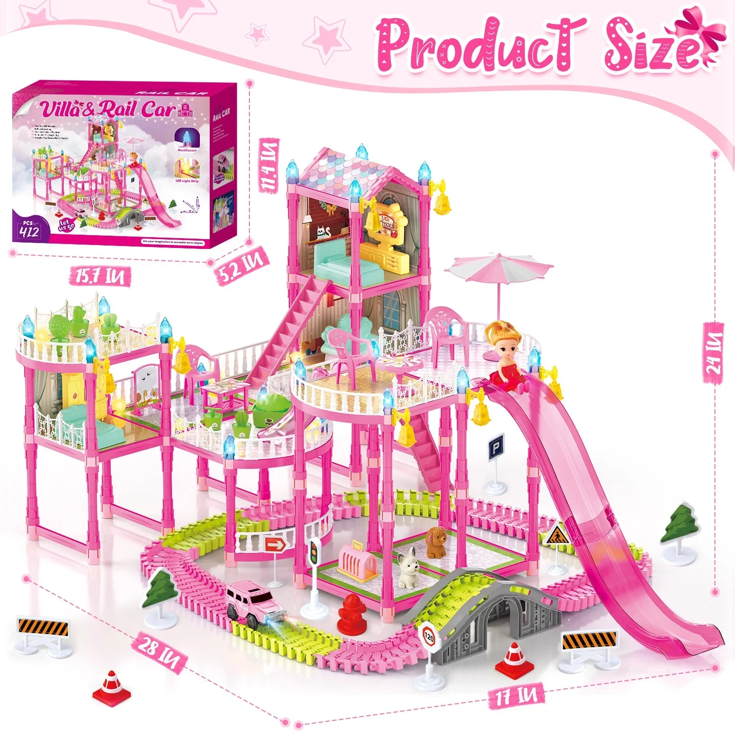UQN 636-24 Dollhouse Kit for Girls Ages 3-8, 412PCS Pink Castle Toys with Slide, Track, Lights, 3 Rooms, 6 Balconies - Image 3
