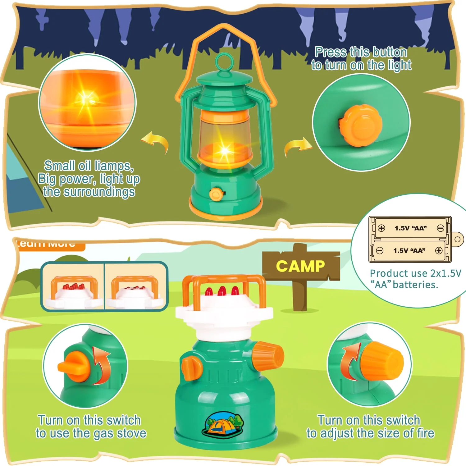 UQN Kids Play Tent Set, 19-Piece Camping Theme, Green Pop-Up Tent, Portable Indoor Outdoor Play Tent for Toddlers Boys 3-6 Years - Image 2