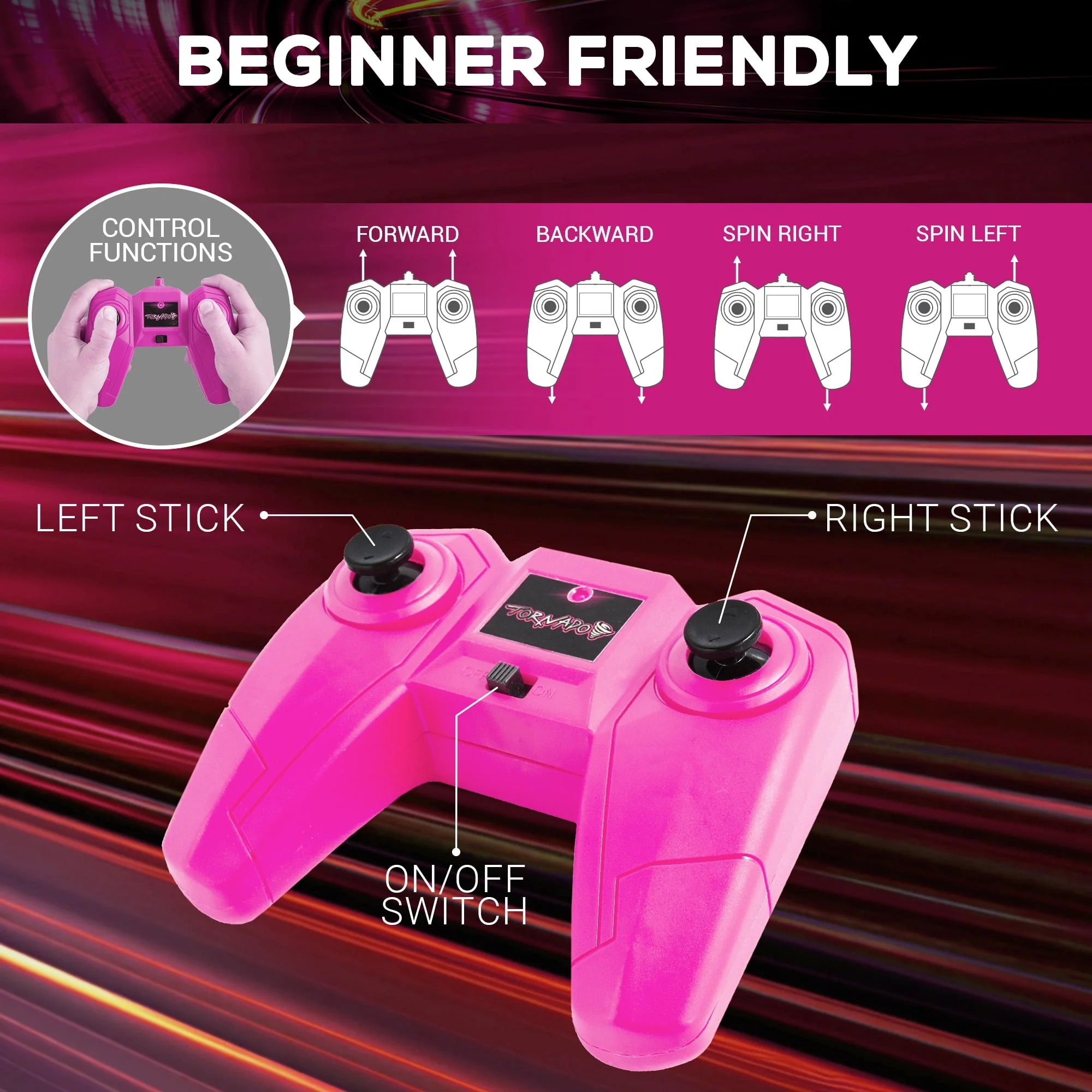 Force1 USA Toyz Tornado Extreme RC Car, Dual-Sided Driving with Bright LEDs, Off-Road Rubber Tires, Rechargeable, Pink - Image 3