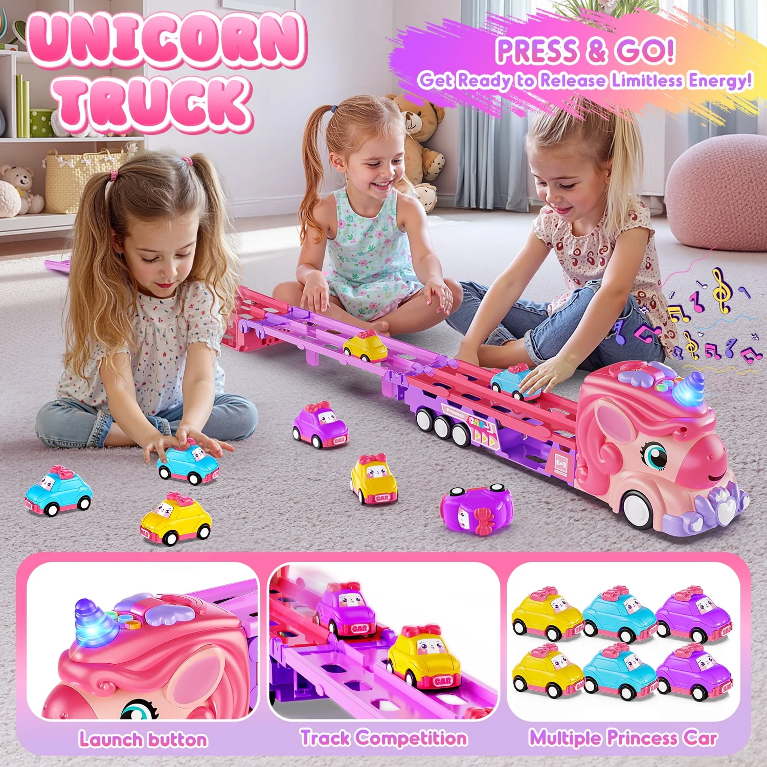 UUSUOO Unicorn Truck Toys for 3 -6 Years Old,7-In-1 Pink Unicorn Foldable Transport Carrier Truck - Image 3