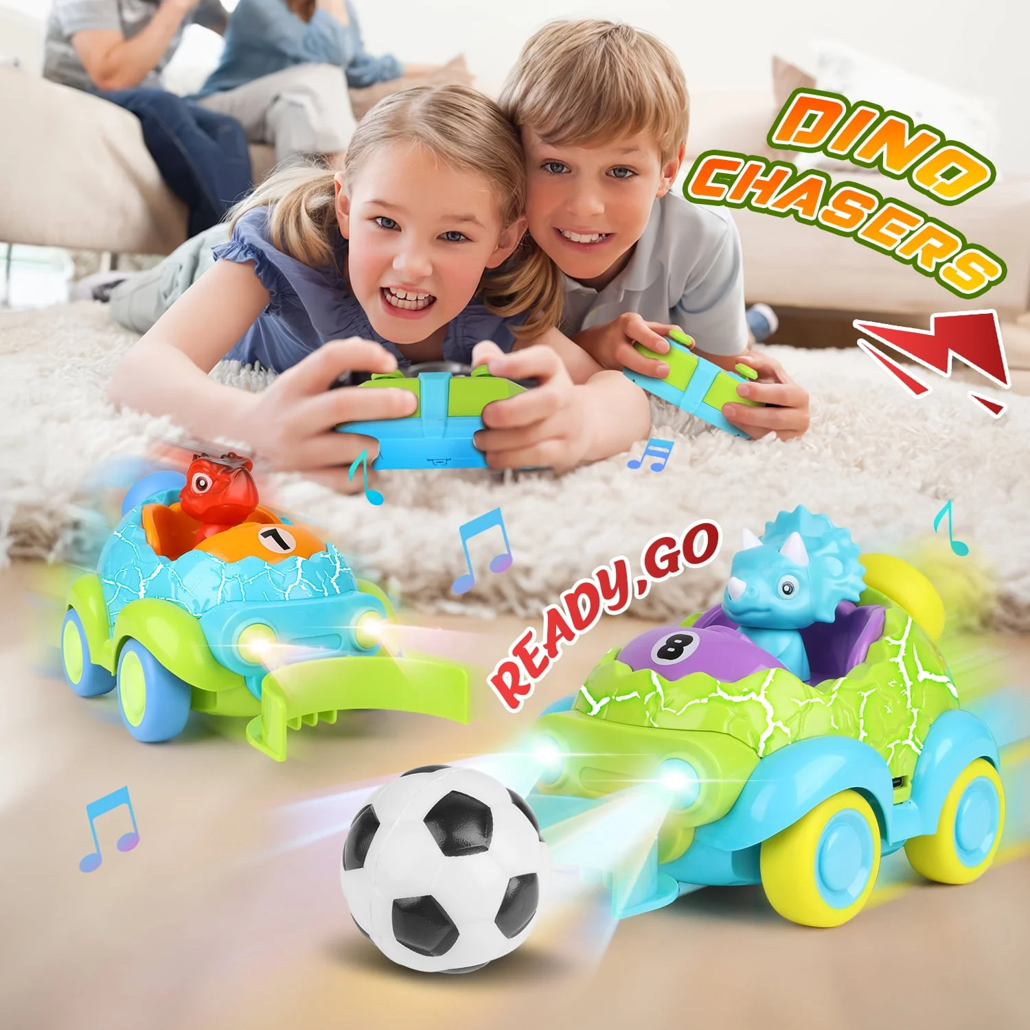 UUSUOO LY-045 Dinosaur Remote Control Car Set, 2 Pack Rechargeable RC Cars with LED Lights, Music, Chasers RC Car Set - Image 7