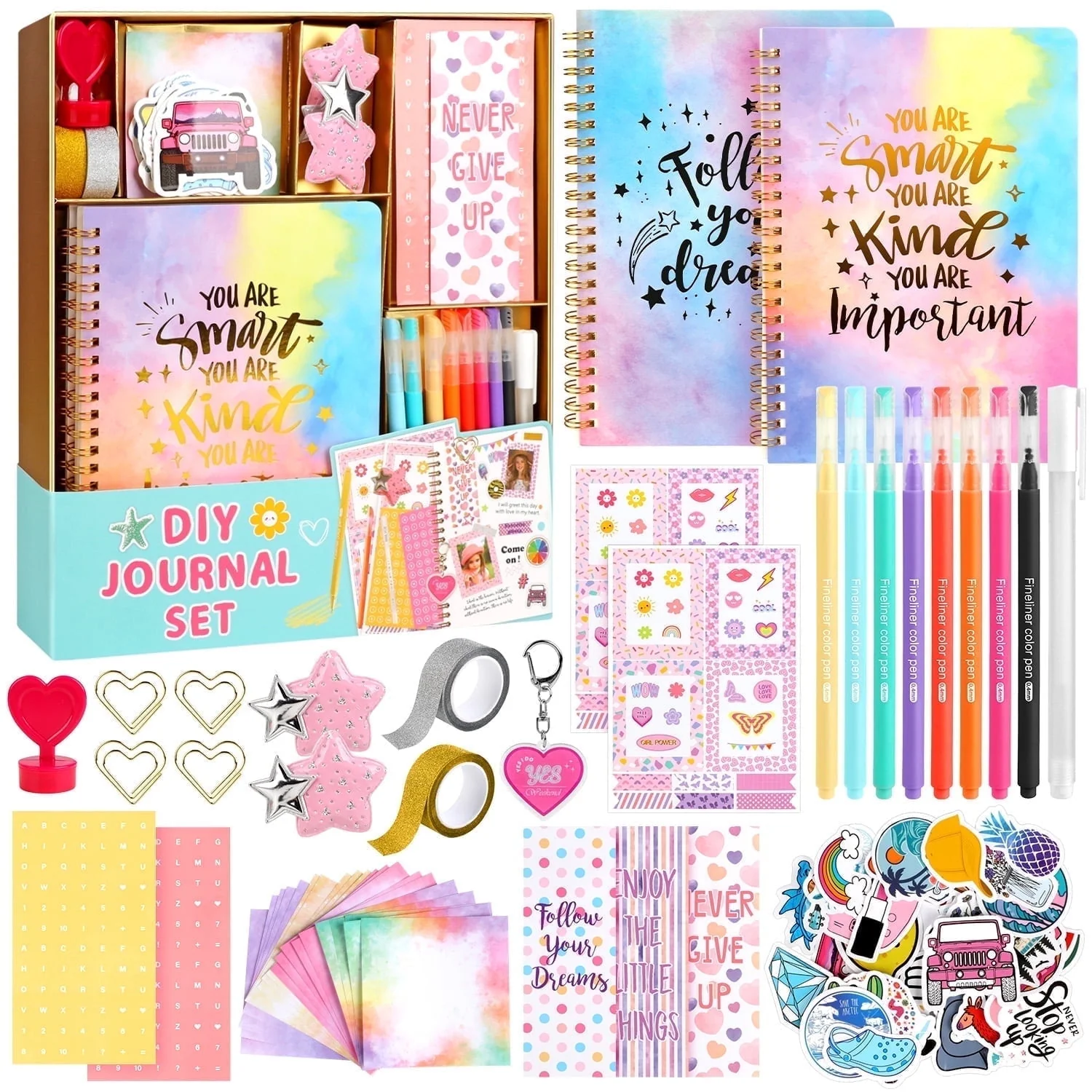 UUSUOO DIY Journal Kit for Girls 8-14, 100-Piece Stationery Set with 2 Journals, Stickers, Glitter Tapes, Photo Frames, Colored Pens, Scrapbook and Craft Supplies