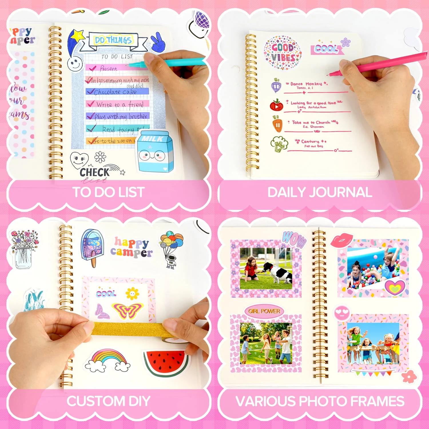 UUSUOO DIY Journal Kit for Girls 8-14, 100-Piece Stationery Set with 2 Journals, Stickers, Glitter Tapes, Photo Frames, Colored Pens, Scrapbook and Craft Supplies - Image 2