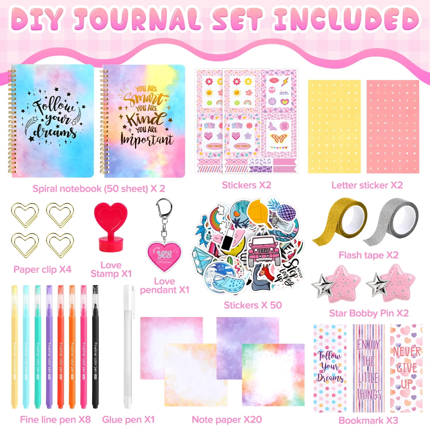 UUSUOO DIY Journal Kit for Girls 8-14, 100-Piece Stationery Set with 2 Journals, Stickers, Glitter Tapes, Photo Frames, Colored Pens, Scrapbook and Craft Supplies - Image 3