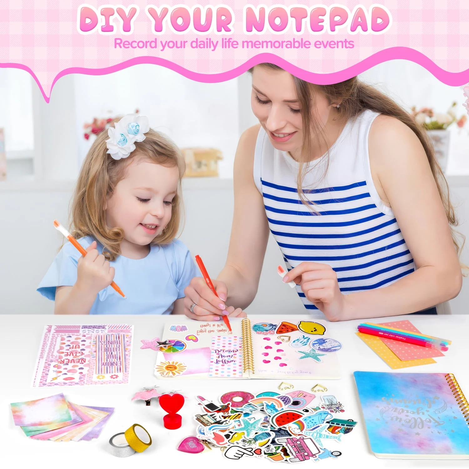UUSUOO DIY Journal Kit for Girls 8-14, 100-Piece Stationery Set with 2 Journals, Stickers, Glitter Tapes, Photo Frames, Colored Pens, Scrapbook and Craft Supplies - Image 5