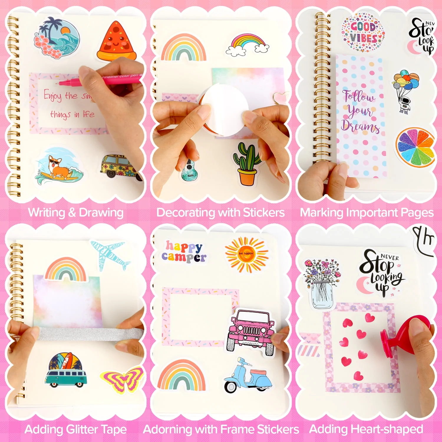UUSUOO DIY Journal Kit for Girls 8-14, 100-Piece Stationery Set with 2 Journals, Stickers, Glitter Tapes, Photo Frames, Colored Pens, Scrapbook and Craft Supplies - Image 6