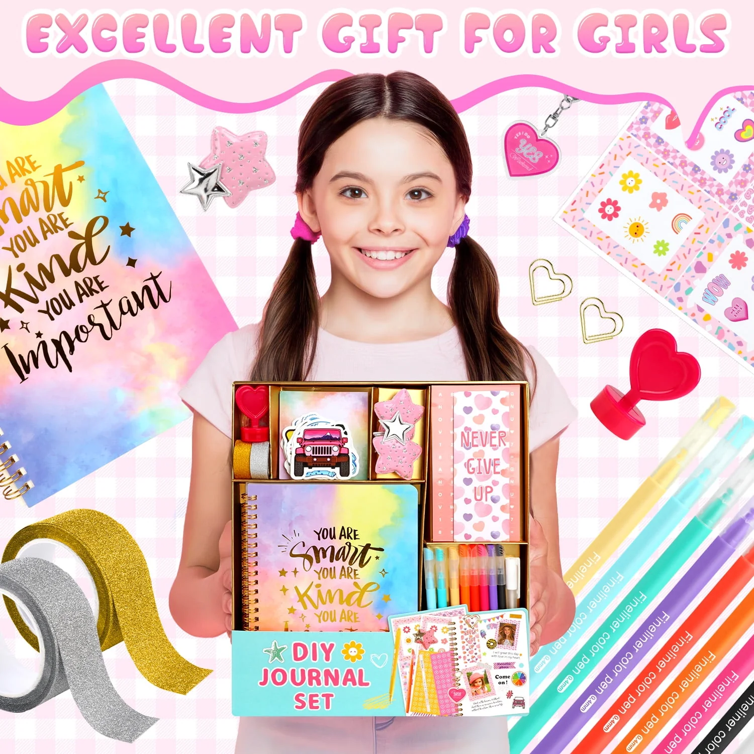 UUSUOO DIY Journal Kit for Girls 8-14, 100-Piece Stationery Set with 2 Journals, Stickers, Glitter Tapes, Photo Frames, Colored Pens, Scrapbook and Craft Supplies - Image 7
