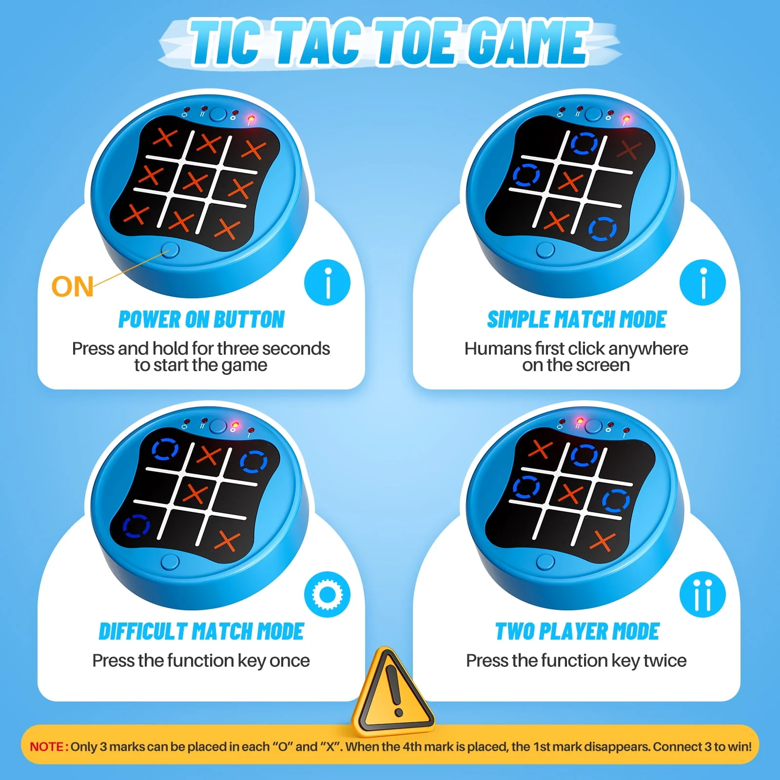 UUSUOO Tic Tac Toe Bolt Game 3-in-1 Electronic Handheld Puzzle Console, Portable Travel Game, Blue - Image 2