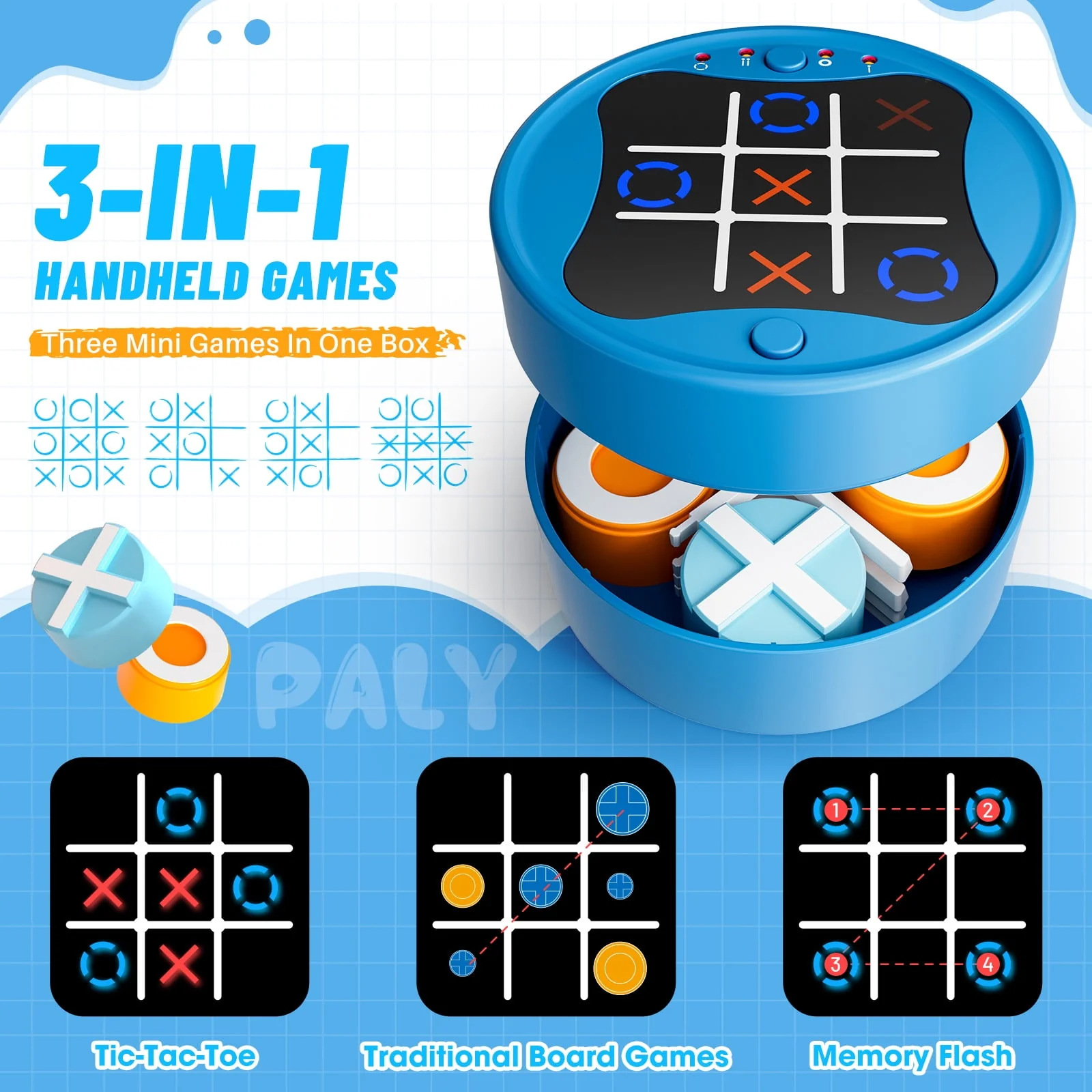 UUSUOO Tic Tac Toe Bolt Game 3-in-1 Electronic Handheld Puzzle Console, Portable Travel Game, Blue - Image 3