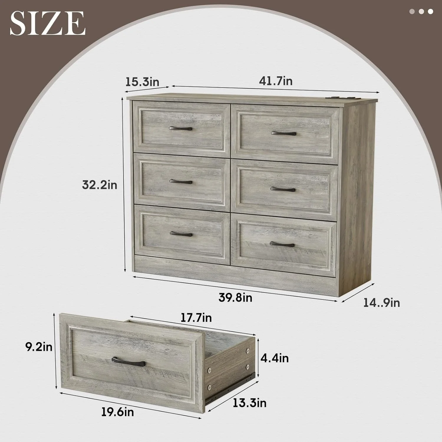 Vabches JY9983BR01 6 Drawers Dresser for Bedroom, Wood Chest of Drawers w/Charging Station, Grey - Image 2