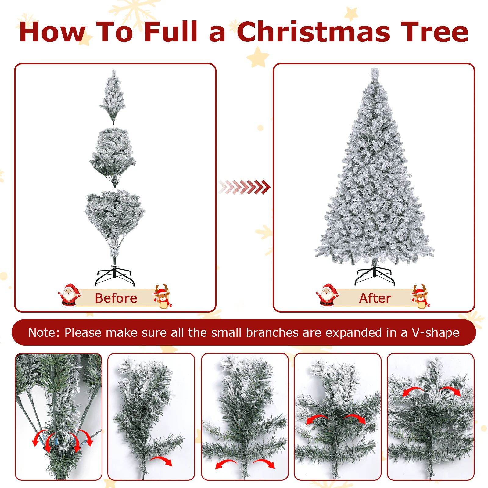 VAVSEA 7.5ft Pre-Lit Snow Flocked Christmas Tree with 350 Warm White LED Lights, 1200 Tips, Hinged Branches, Storage Bag, Christmas Fence, Tree Skirt, Gloves, Metal Stand - Image 3