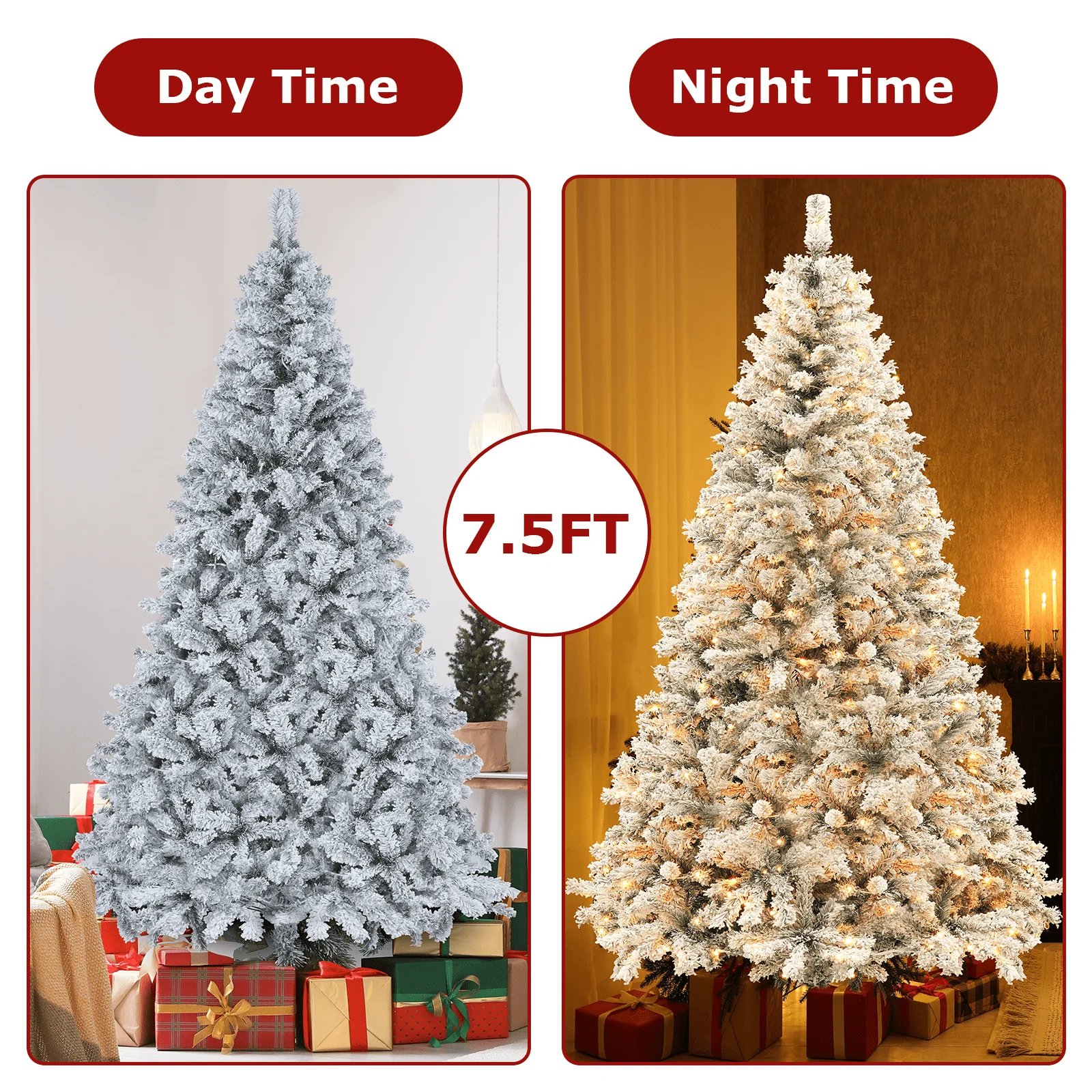VAVSEA 7.5ft Pre-Lit Snow Flocked Christmas Tree with 350 Warm White LED Lights, 1200 Tips, Hinged Branches, Storage Bag, Christmas Fence, Tree Skirt, Gloves, Metal Stand - Image 4