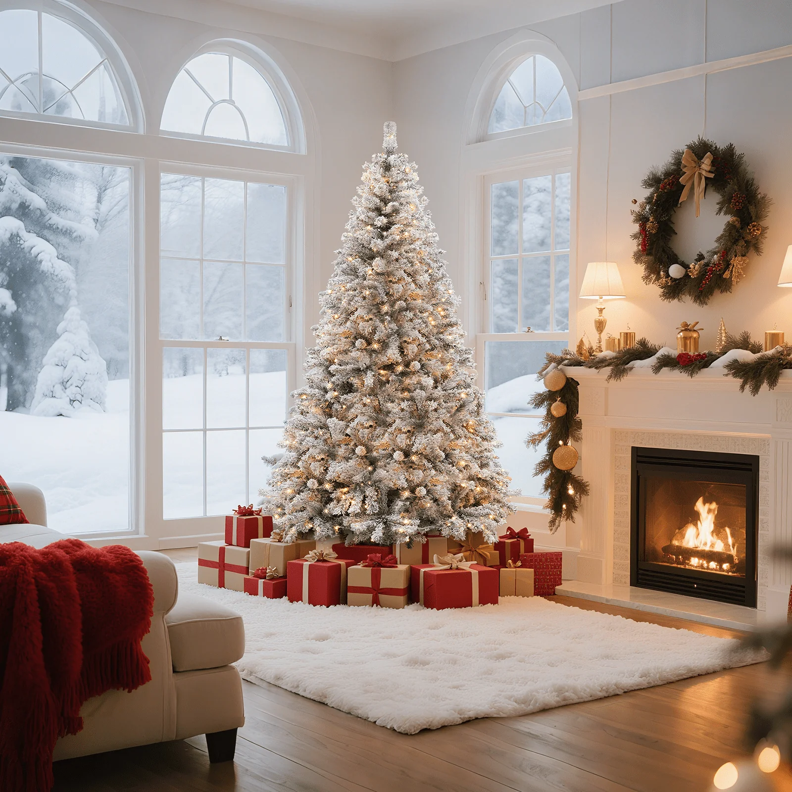 VAVSEA 7.5ft Pre-Lit Snow Flocked Christmas Tree with 350 Warm White LED Lights, 1200 Tips, Hinged Branches, Storage Bag, Christmas Fence, Tree Skirt, Gloves, Metal Stand - Image 5
