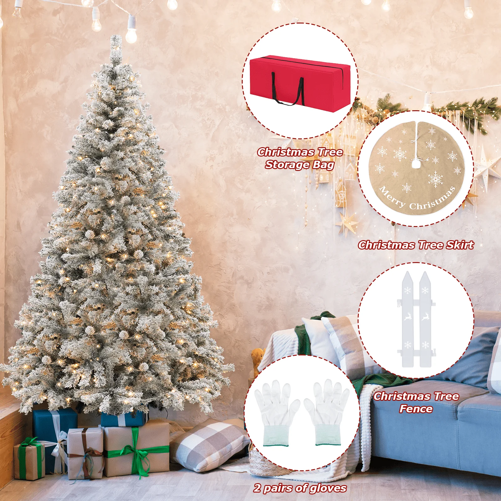 VAVSEA 7.5ft Pre-Lit Snow Flocked Christmas Tree with 350 Warm White LED Lights, 1200 Tips, Hinged Branches, Storage Bag, Christmas Fence, Tree Skirt, Gloves, Metal Stand - Image 6
