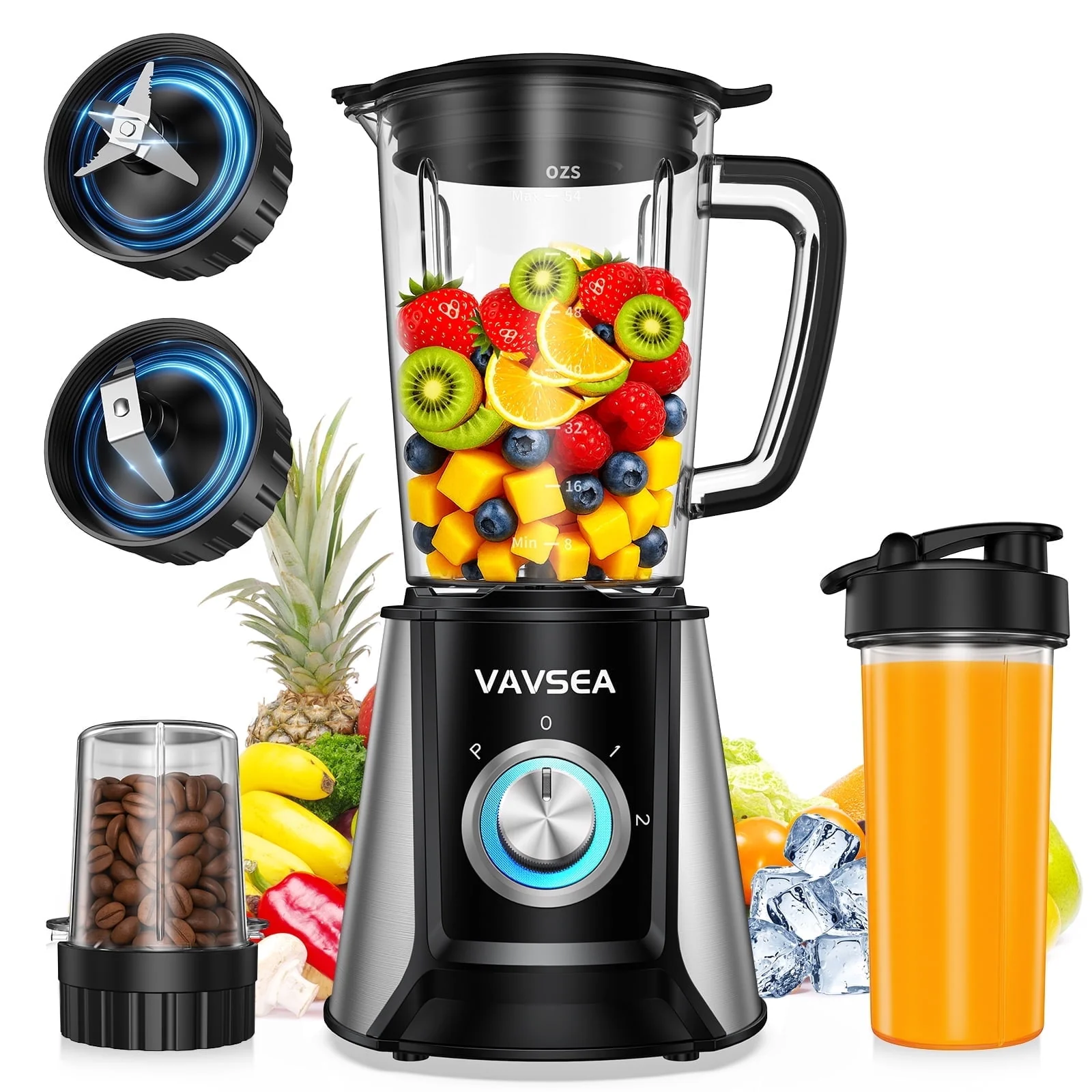 VAVSEA BL-607P 3-in-1 Blender, 1000W 7 Pices Smoothie Blender for Kitchen, 54 oz Blenders and Grinder Combo, Black
