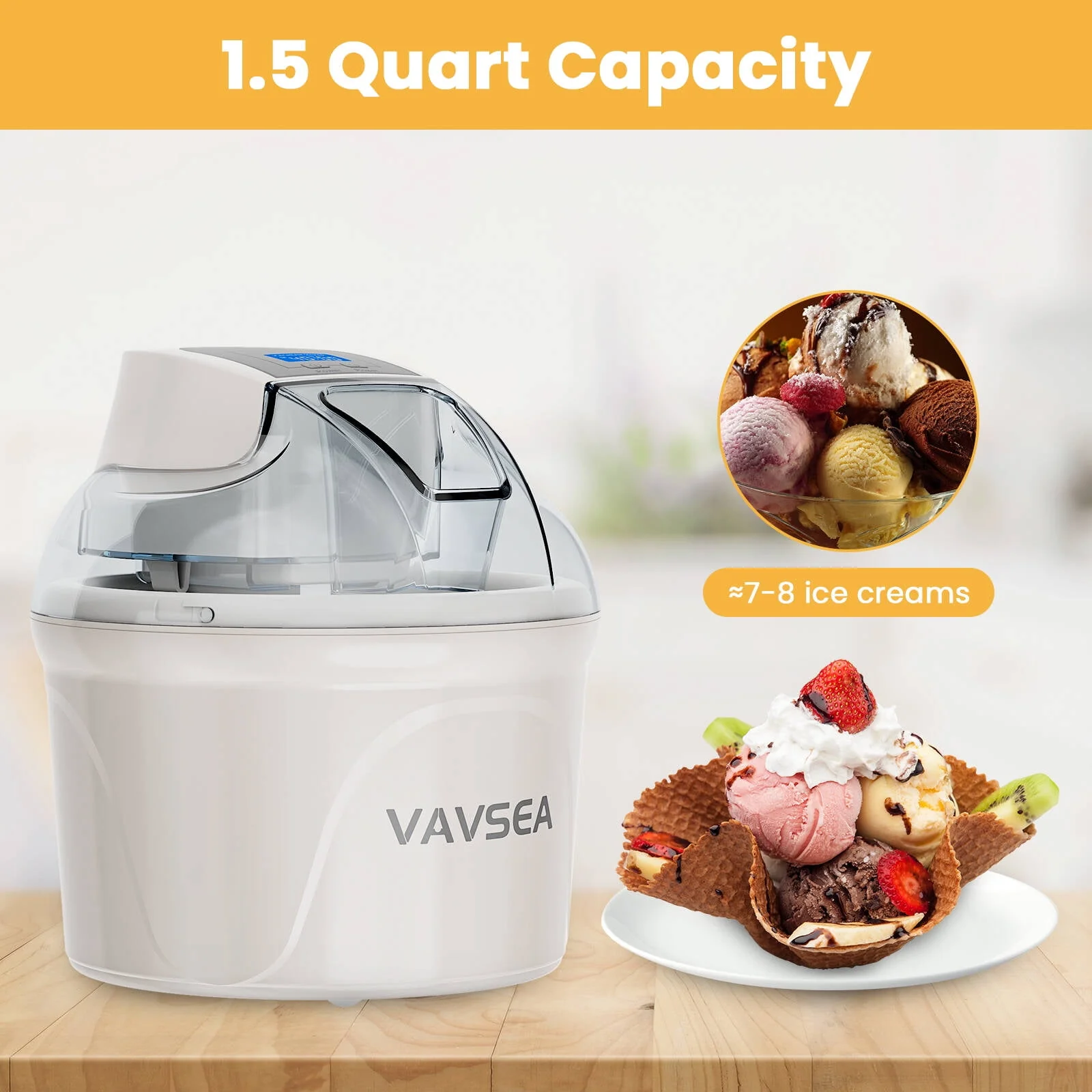 VAVSEA SU-561 1.5 Qt Ice Cream Maker with Double-Insulated Freezer Bowl, LCD Digital Display, Timer, 3-in-1 Functionality, White - Image 3