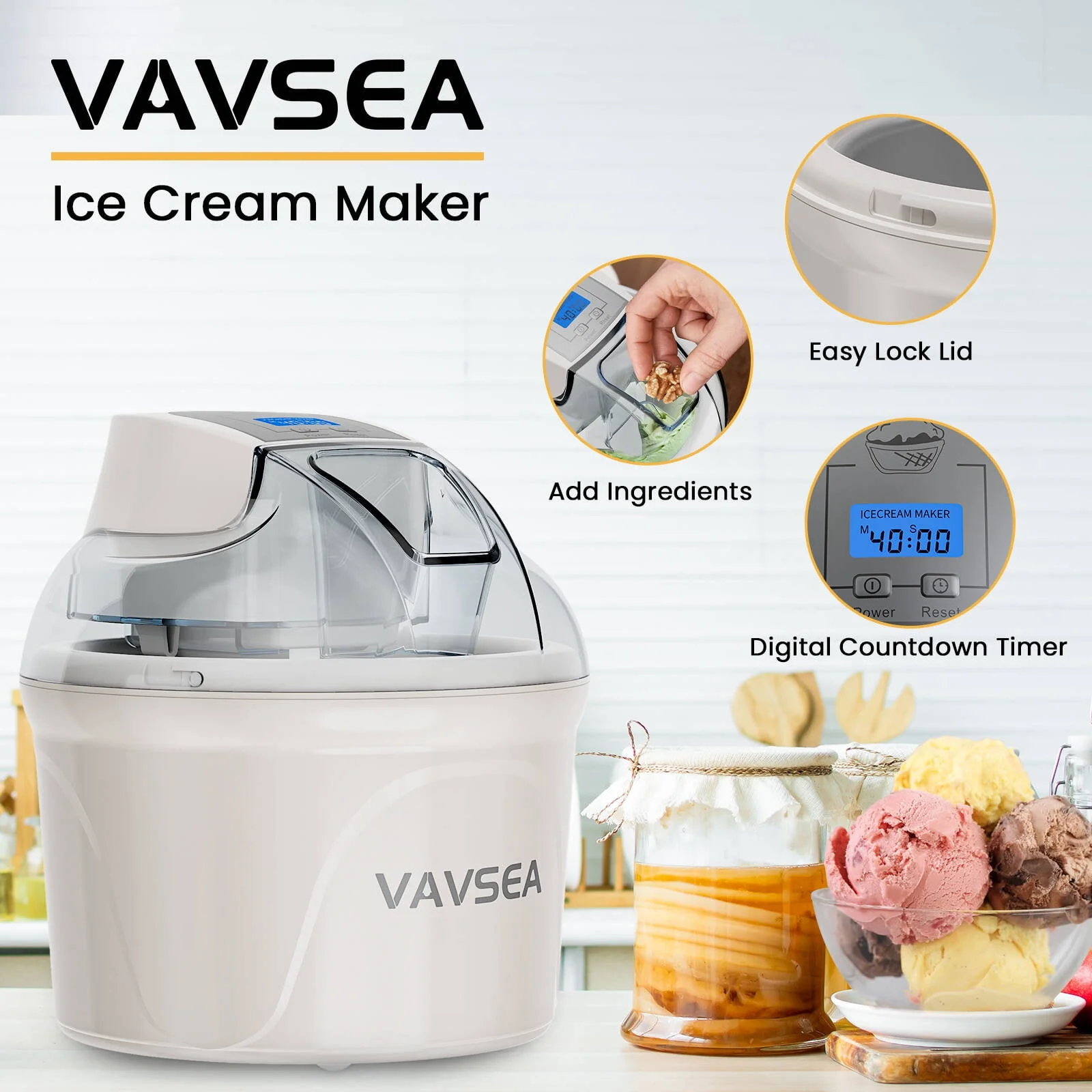 VAVSEA SU-561 1.5 Qt Ice Cream Maker with Double-Insulated Freezer Bowl, LCD Digital Display, Timer, 3-in-1 Functionality, White - Image 4
