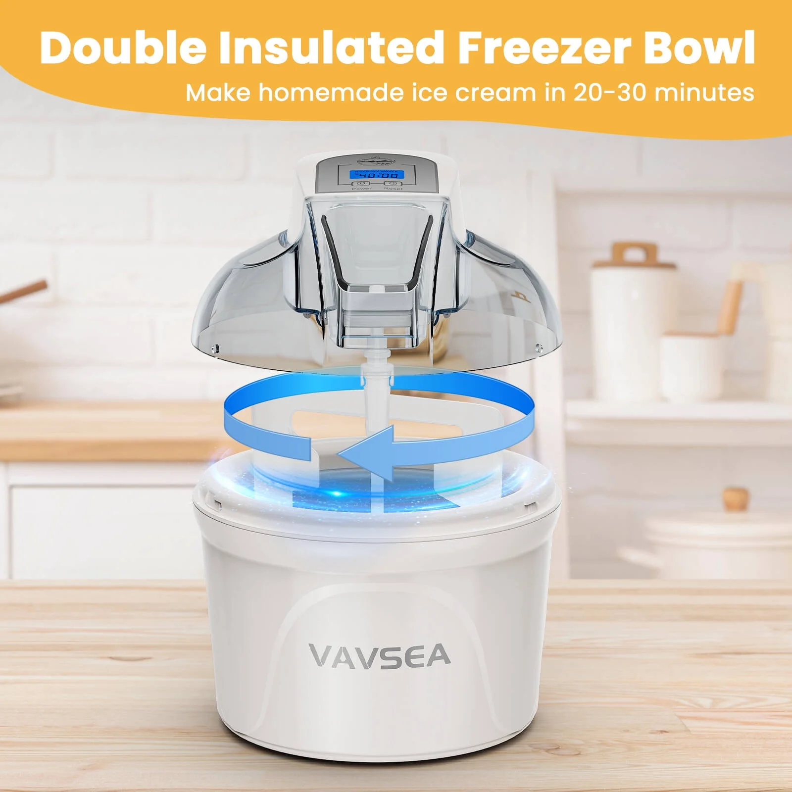 VAVSEA SU-561 1.5 Qt Ice Cream Maker with Double-Insulated Freezer Bowl, LCD Digital Display, Timer, 3-in-1 Functionality, White - Image 5