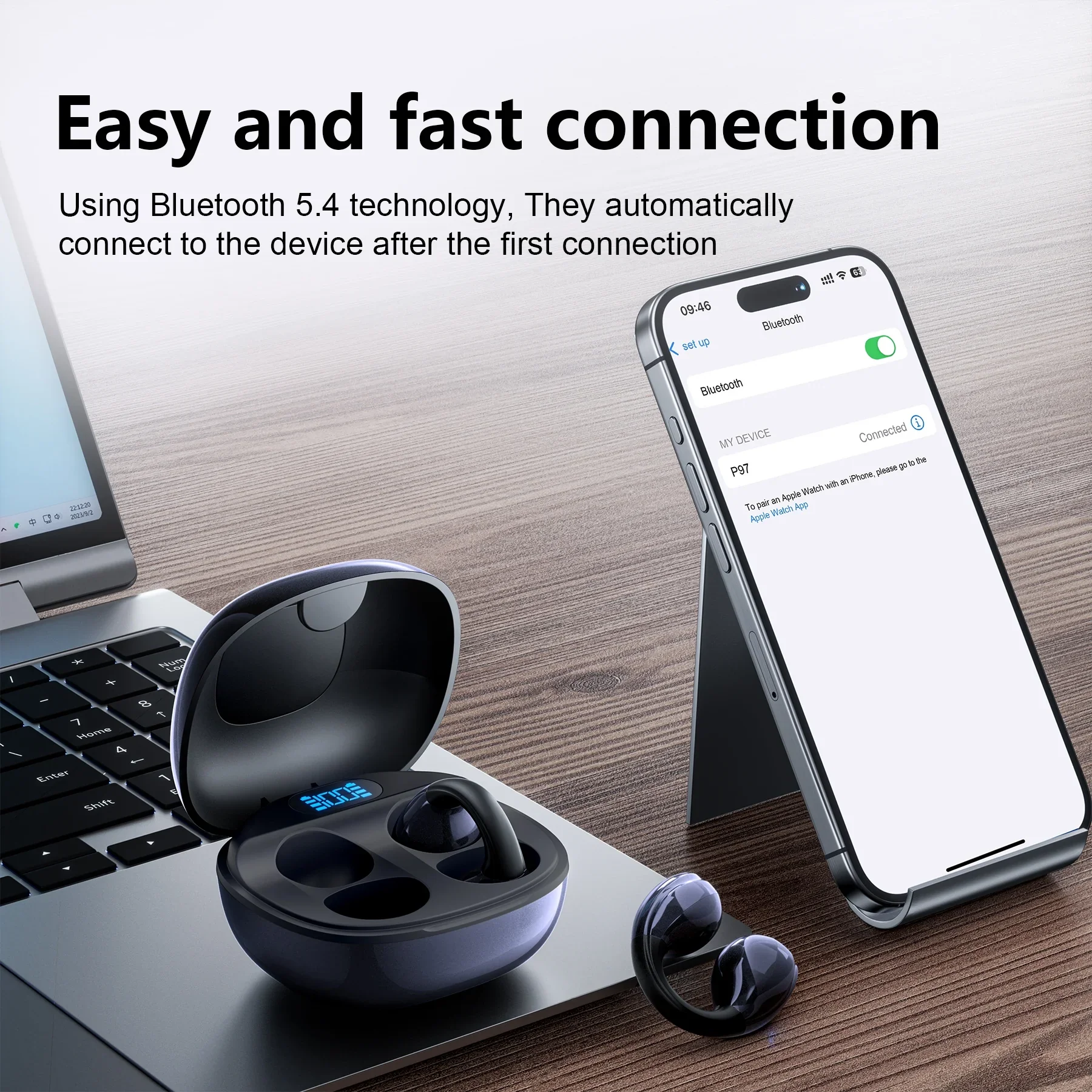 VEAT00L P97 Wireless Clip On Earbuds with Digital Display Charging Case, Blue - Image 2