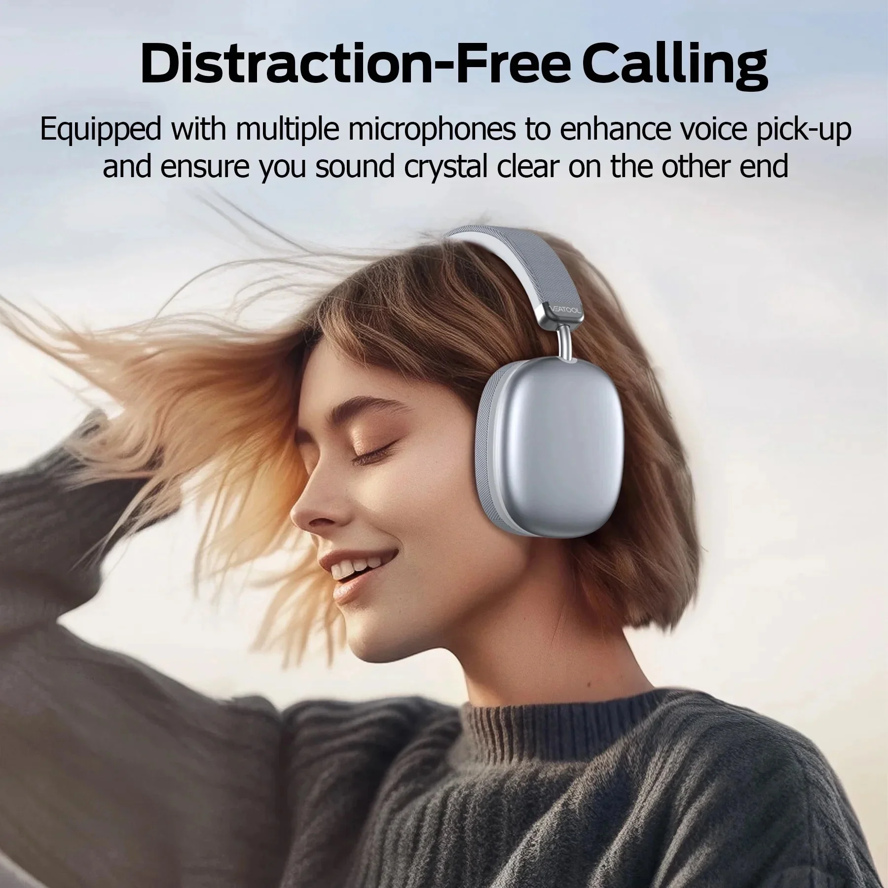 VEATOOL BT1632 Wireless Over-Ear Headphones, Active Noise Cancelling, Transparency Mode, Silver - Image 3