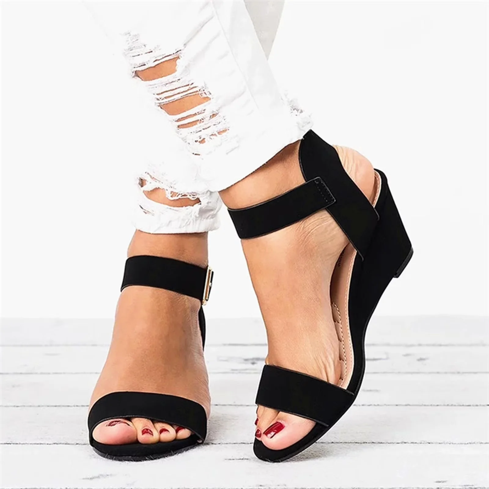 VerPetridure Womens Solid Color Round Toe Wedge Heel, Black, 8.5 - Image 2