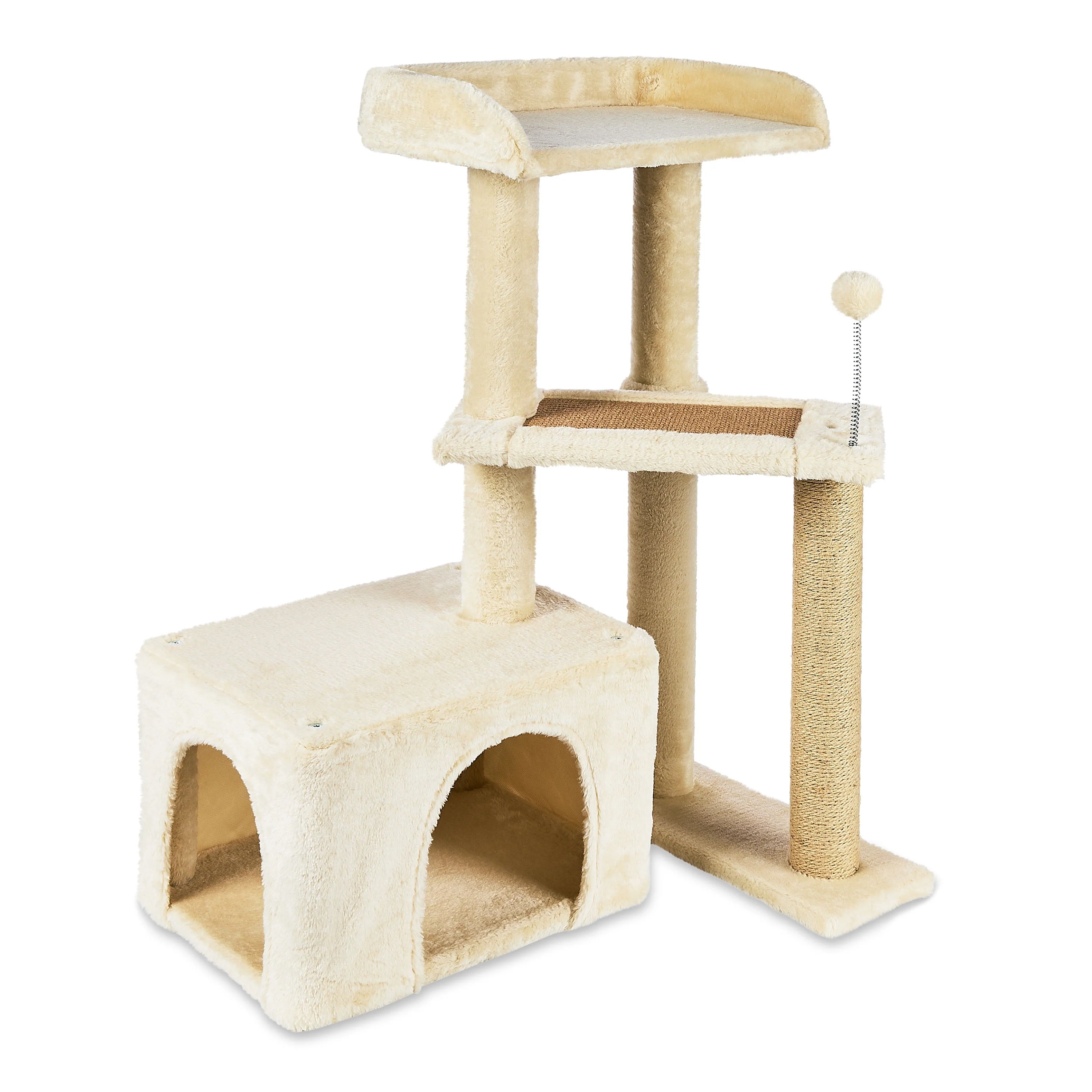 Vibrant Life 31-Inch High Cat Condo with Lookout Tower Beige - 4-Level Cat Tree with Scratching Post and Pom-Pom Toy