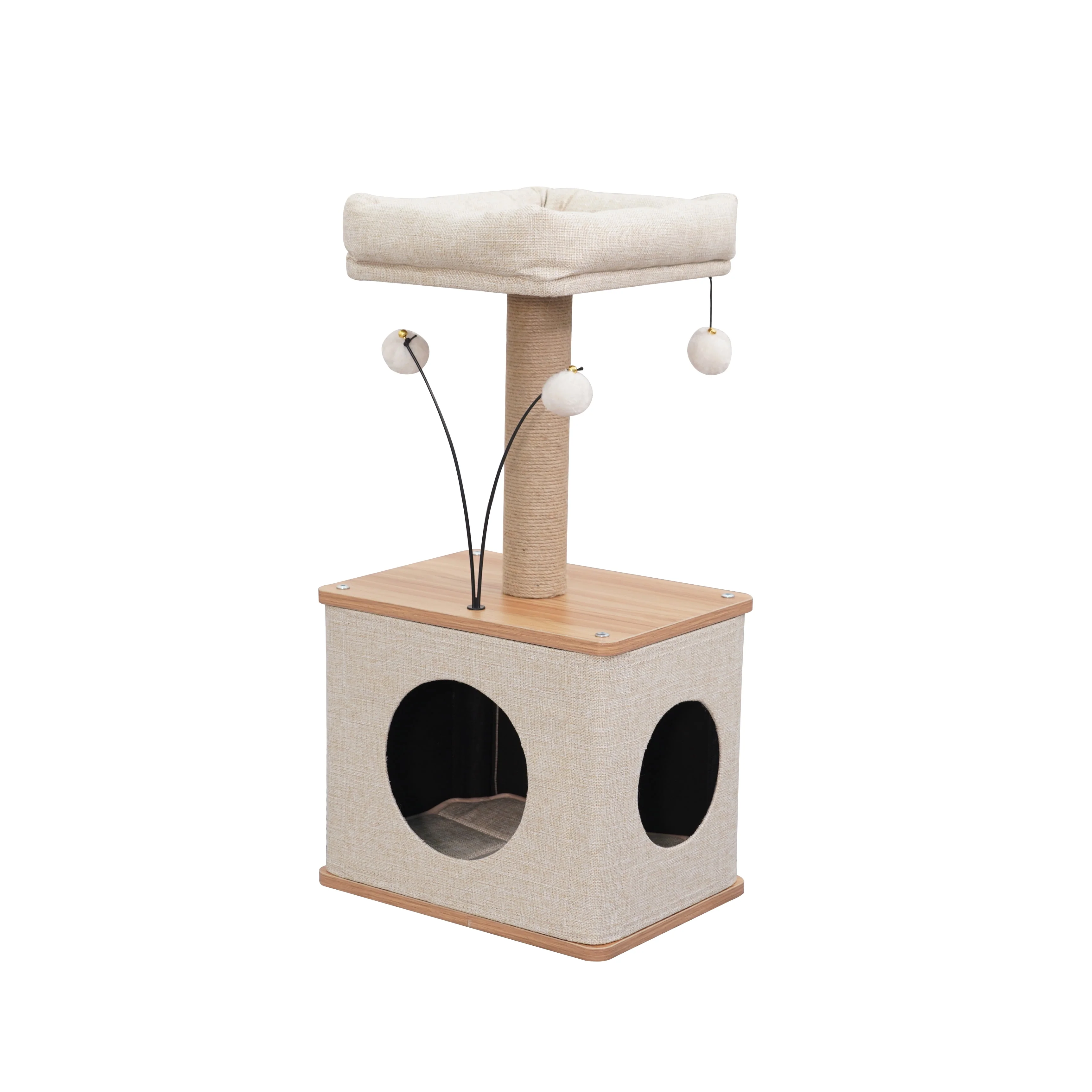 Vibrant Life 5-Level Multi-Functional Cat Tree with Large Base Condo, Sisal Scratching Posts, Rubber Grooming Brush, Dual Teaser Toys, Beige