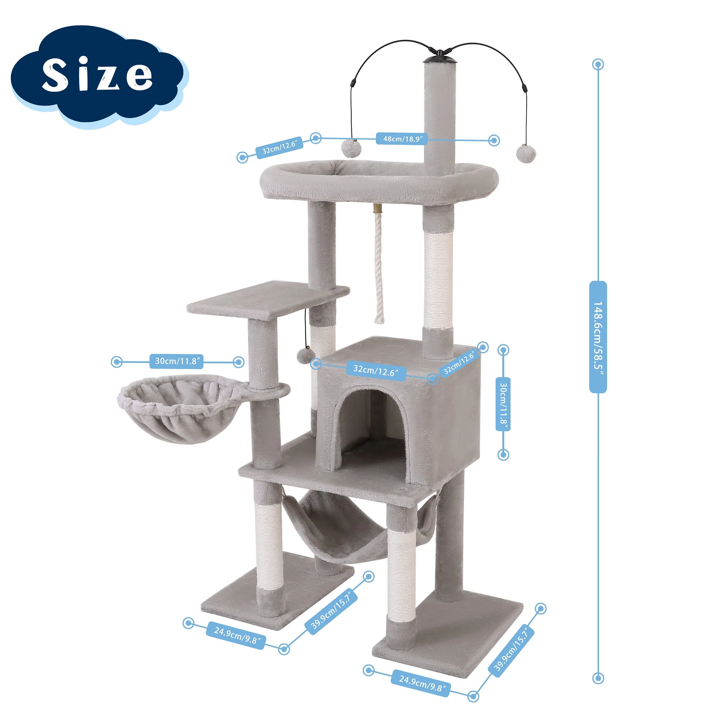 Vibrant Life 1129601 58.5" Multi Level Cat Tree Tower with Interactive Dangling Ball and Double Base, Light Gray - Image 3