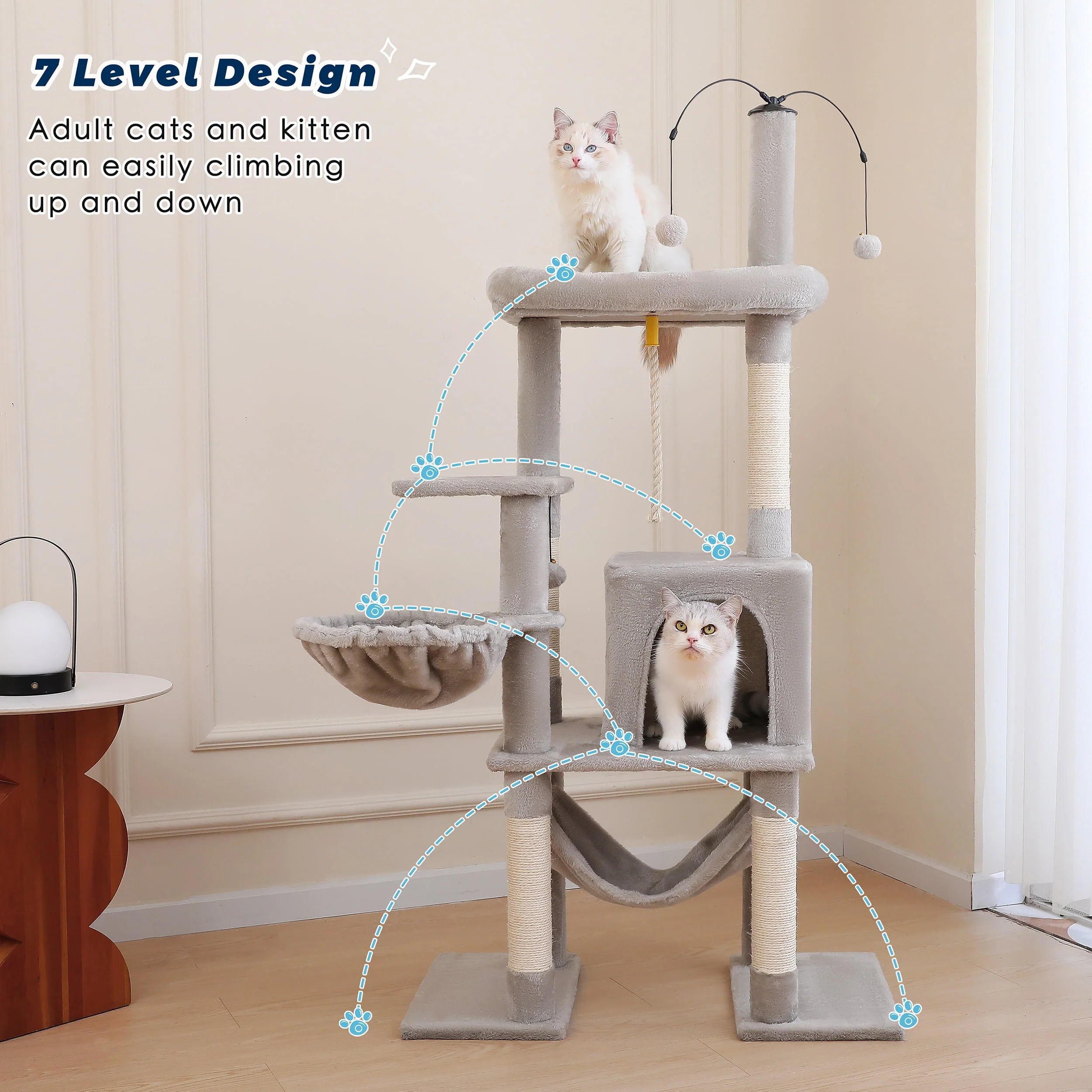 Vibrant Life 1129601 58.5" Multi Level Cat Tree Tower with Interactive Dangling Ball and Double Base, Light Gray - Image 4