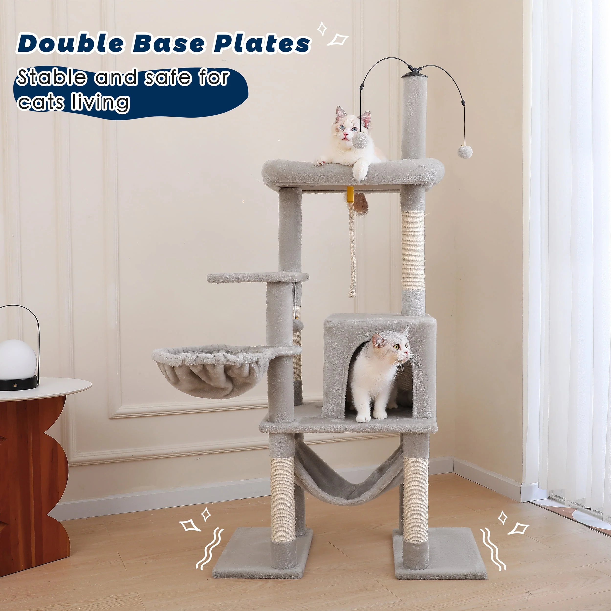 Vibrant Life 1129601 58.5" Multi Level Cat Tree Tower with Interactive Dangling Ball and Double Base, Light Gray - Image 5