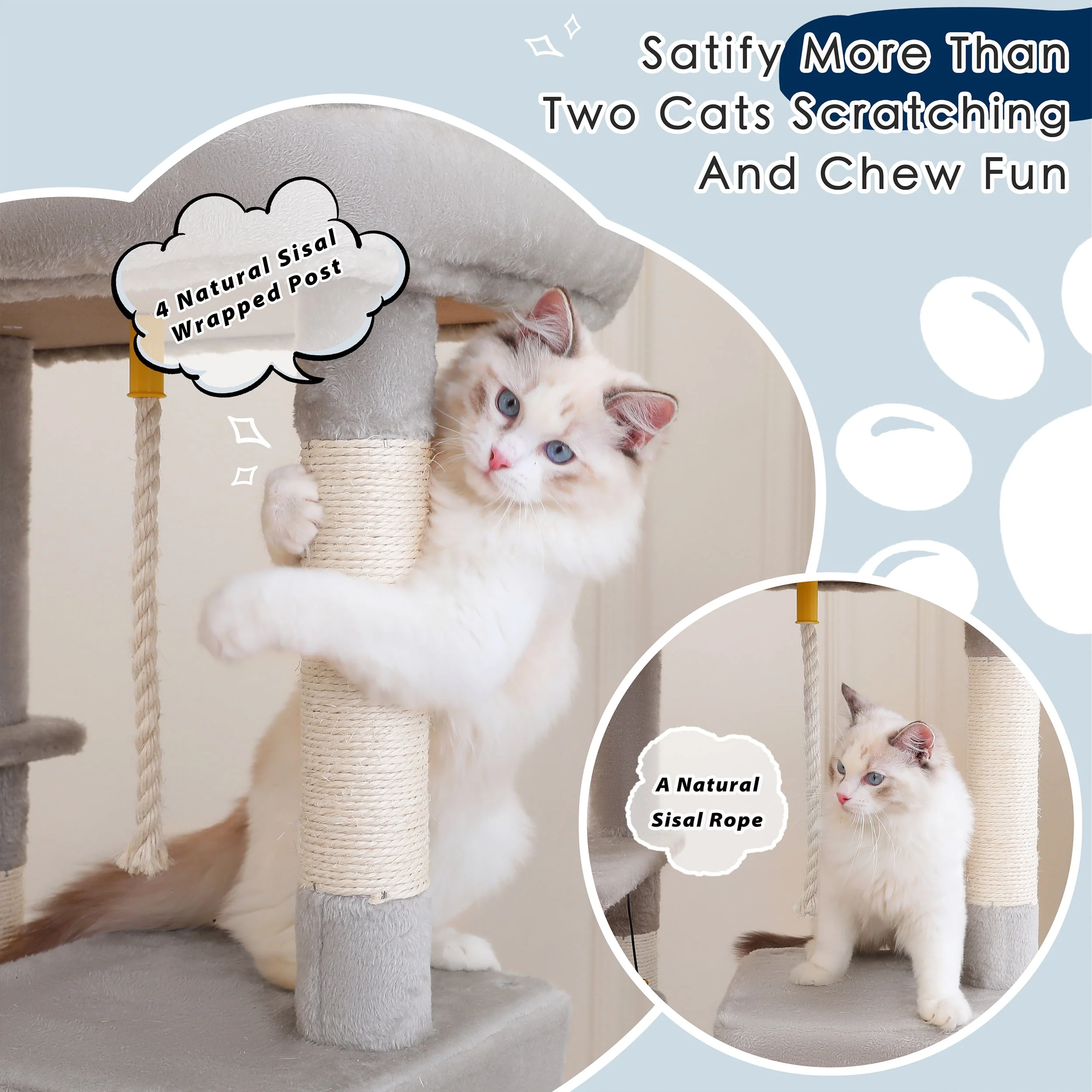 Vibrant Life 1129601 58.5" Multi Level Cat Tree Tower with Interactive Dangling Ball and Double Base, Light Gray - Image 6