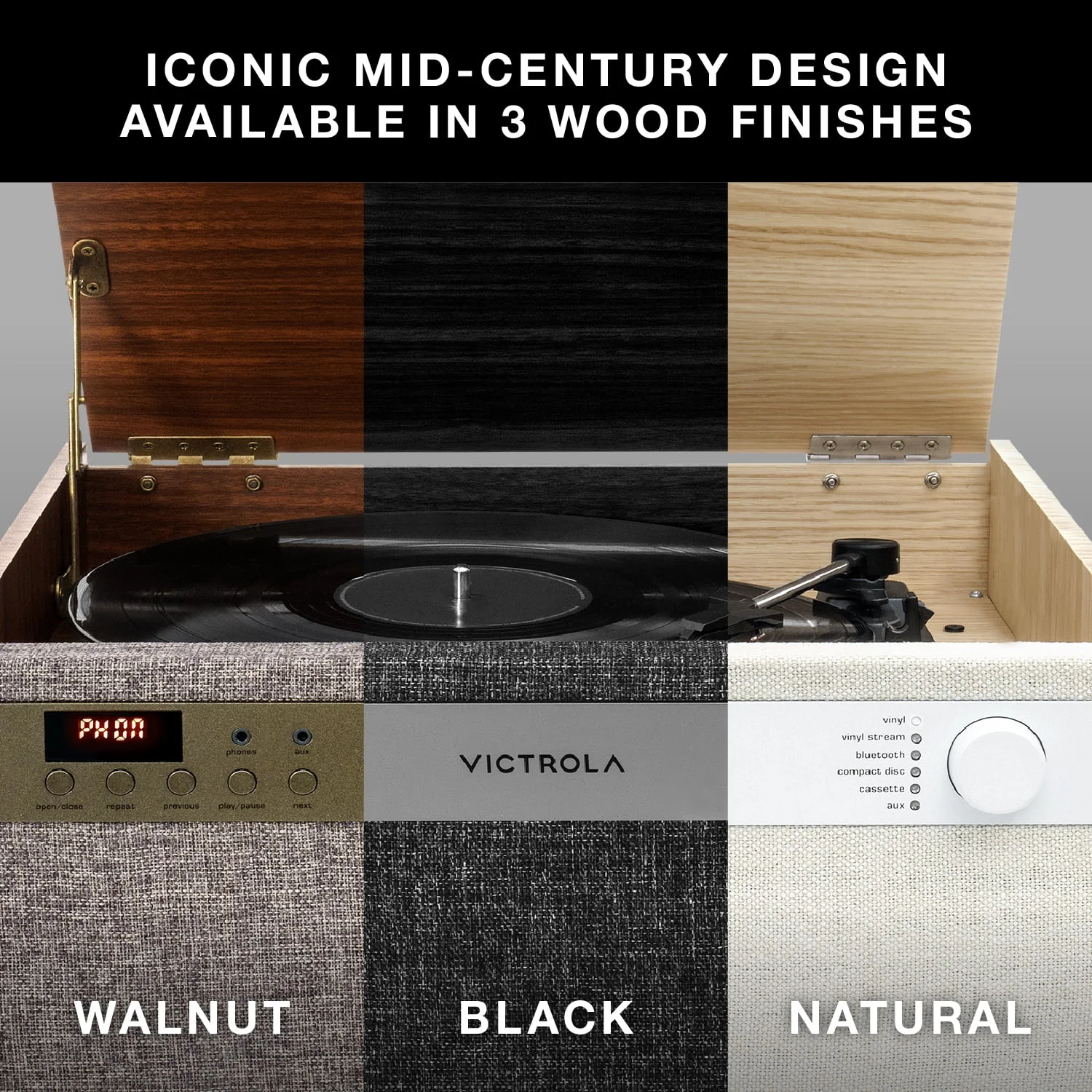 Victrola Century 6-in-1 Music Center, 3-Speed Turntable, CD and Cassette Player, VINYLSTREAM Bluetooth Output, Built-In Stereo Speakers, Walnut VTA-820SB-WLN - Image 3