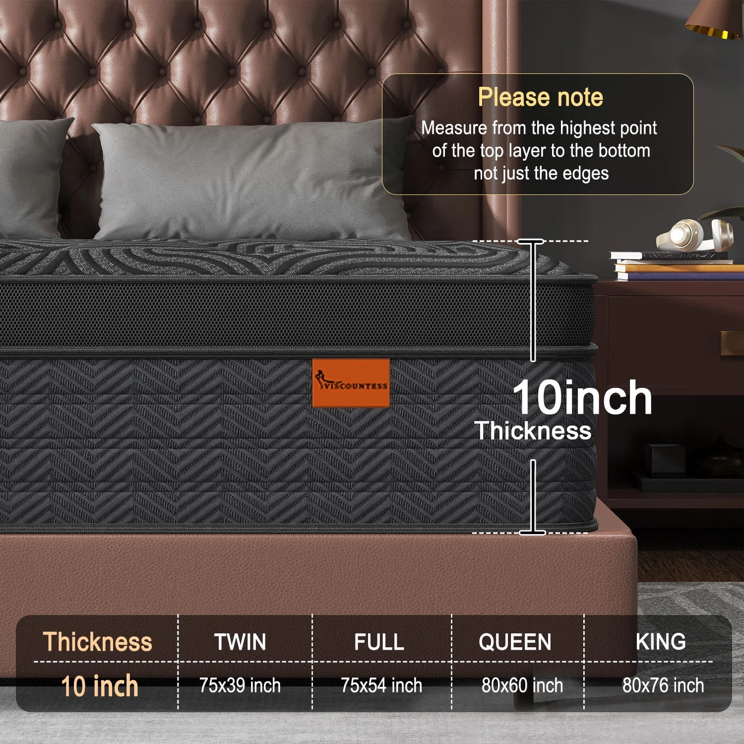 Viscountess Hybrid Queen Mattress, 10 Inch Gel Memory Foam, Individually Pocketed Springs, Medium-Firm, Breathable Cover - Image 6