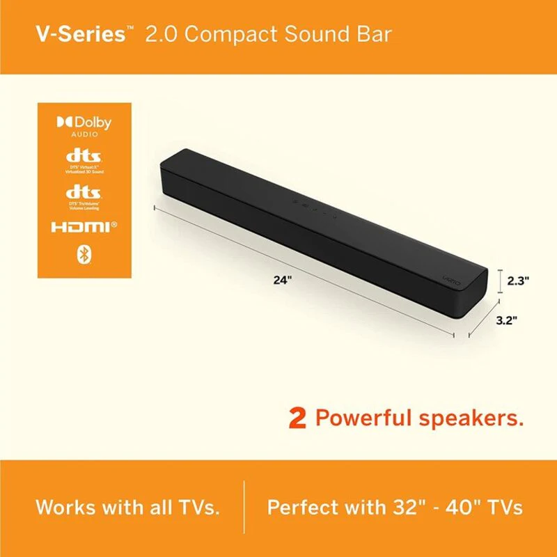 VIZIO V20-J8 V-Series 2.0 Compact Home Theater Sound Bar with DTS Virtual:X, Bluetooth, Voice Assistant Compatible, Includes Remote Control - Image 3