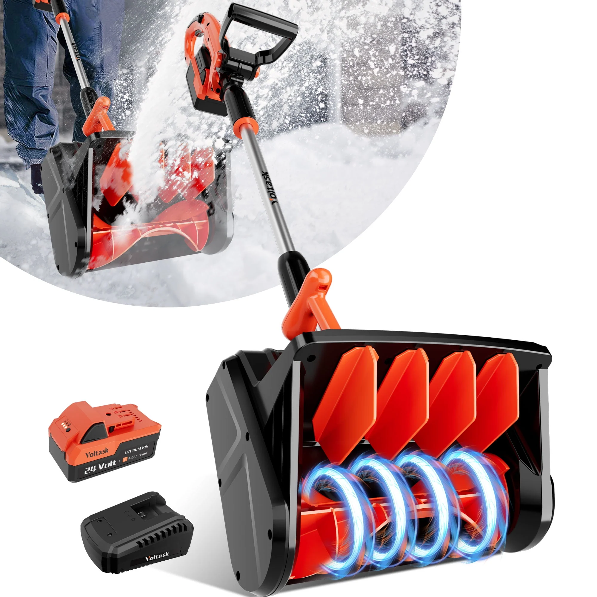 Voltask Cordless Snow Shovel, 24V 4.0Ah Battery, 13-Inch Clearing Width, 550W Brushless Motor, Patented Spiral Technology, Lightweight Ergonomic Design, Aerospace-Grade Materials