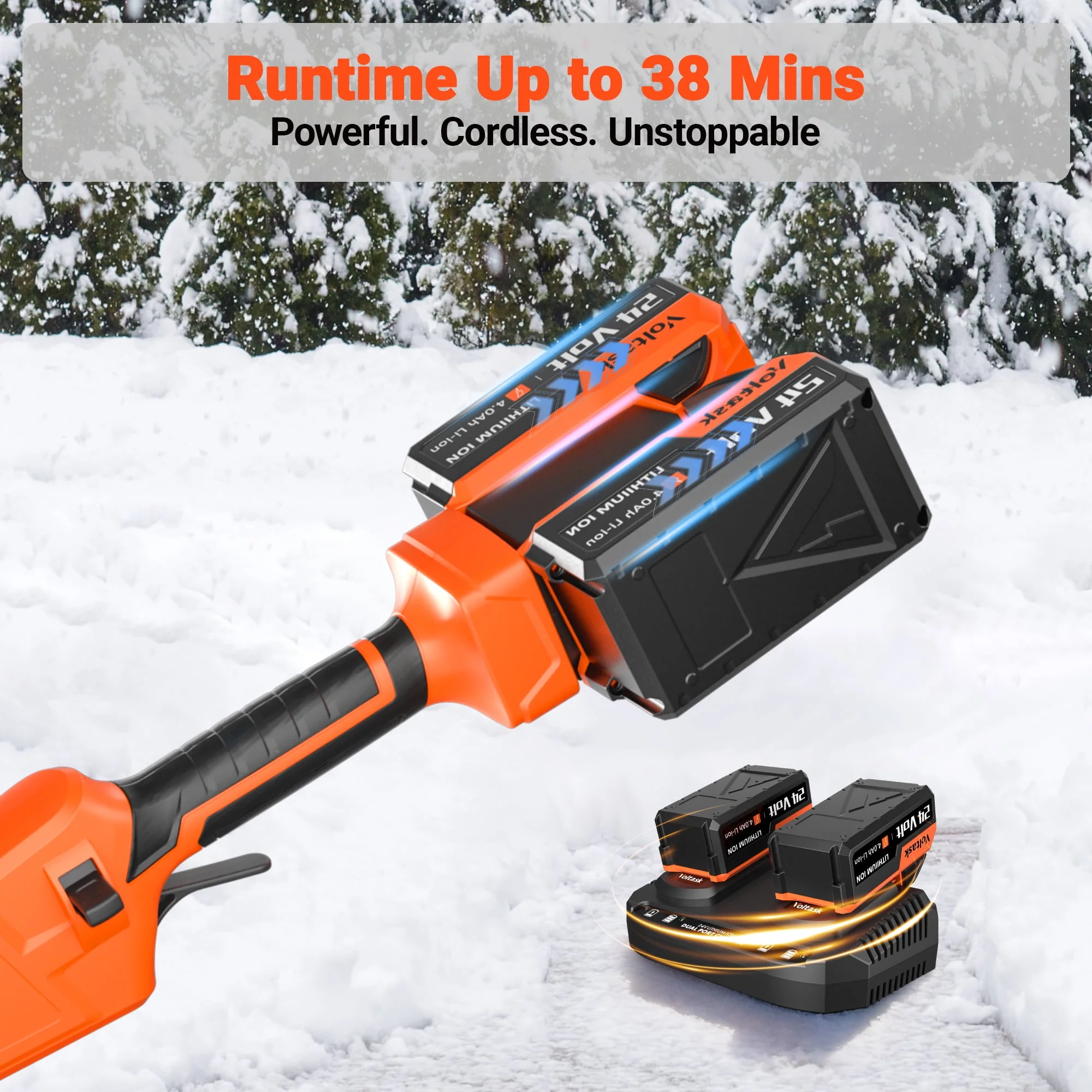 Voltask SS-40B Cordless Snow Shovel, 48V Brushless Motor, Dual 24V Lithium Batteries, 13.5-Inch Clearing Width, Adjustable Directional Plate, Ergonomic Handle, Lightweight, Quiet Operation - Image 3