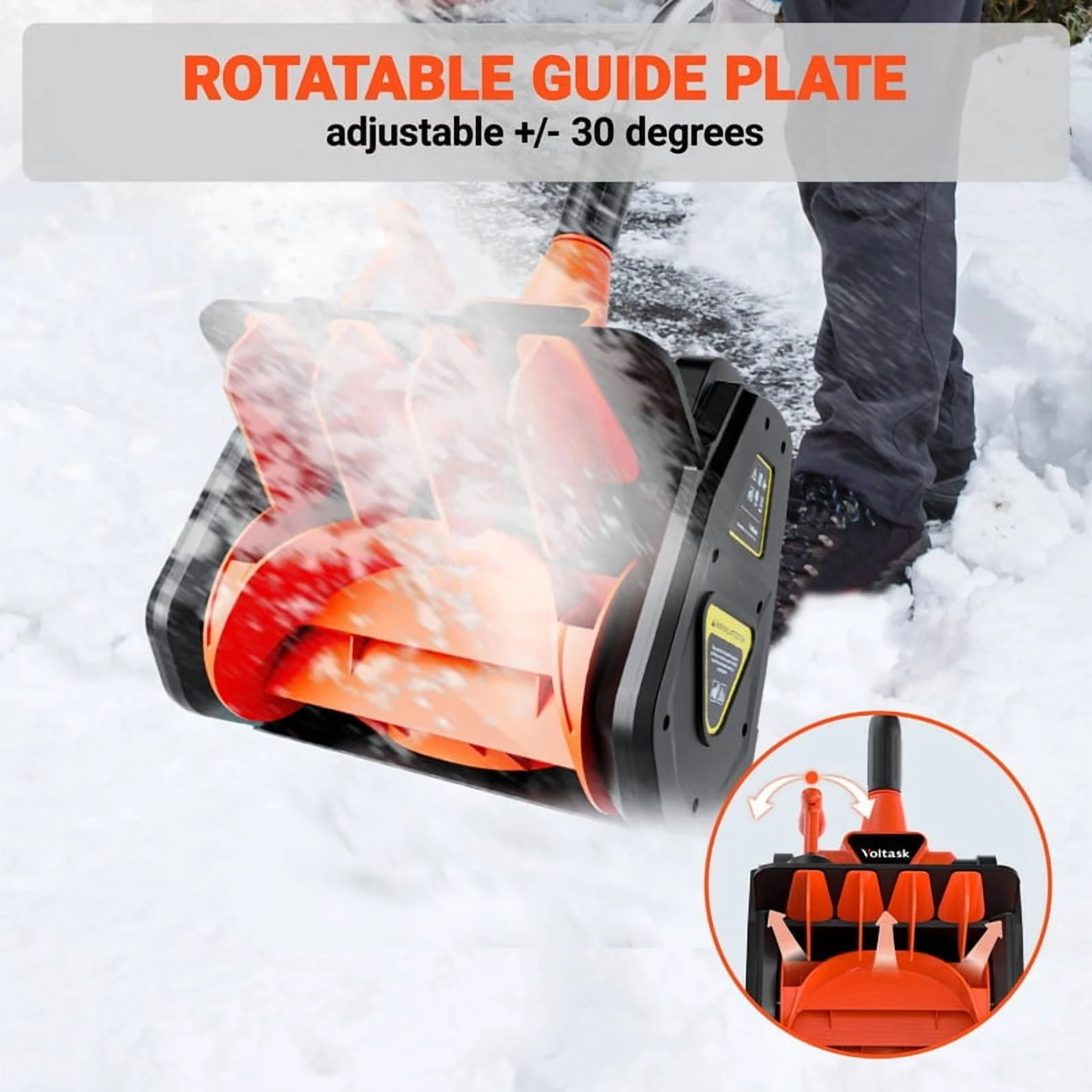 Voltask SS-40B Cordless Snow Shovel, 48V Brushless Motor, Dual 24V Lithium Batteries, 13.5-Inch Clearing Width, Adjustable Directional Plate, Ergonomic Handle, Lightweight, Quiet Operation - Image 4