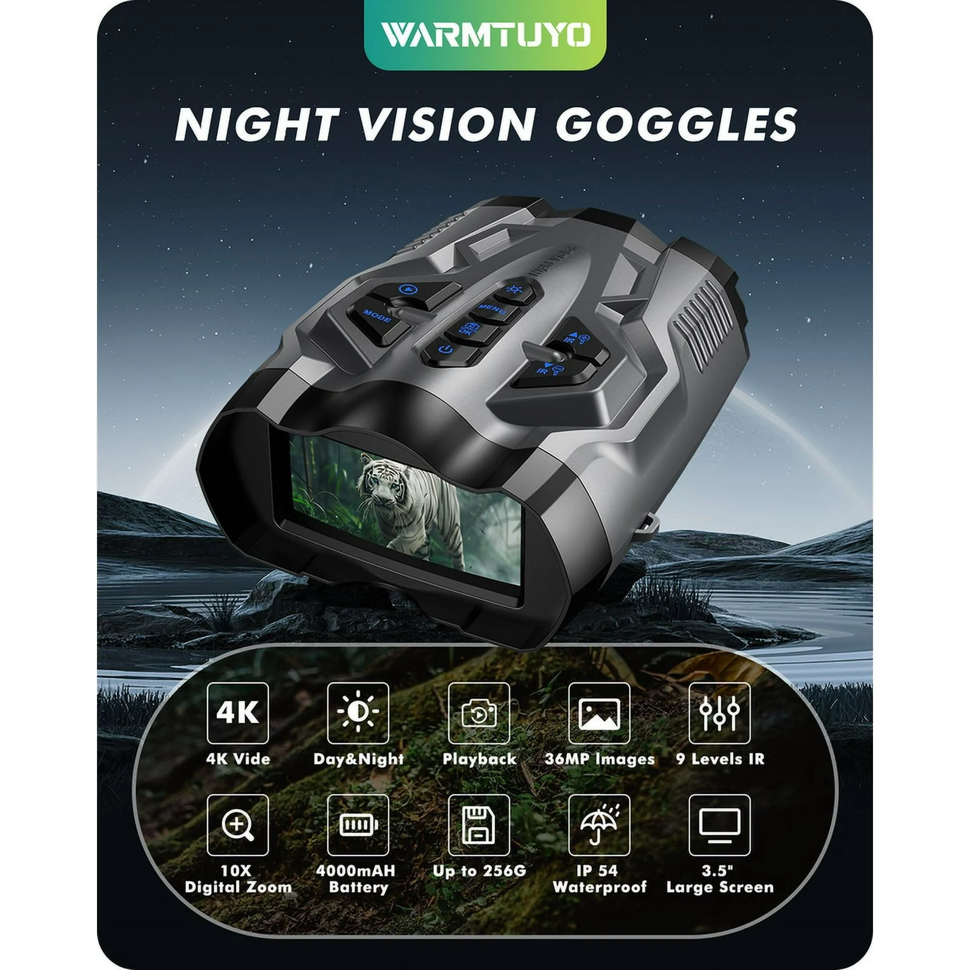 WARMTUYO 9 Level Infrared Night Vision Goggles with HD Video and Photo Modes, Black - Image 2