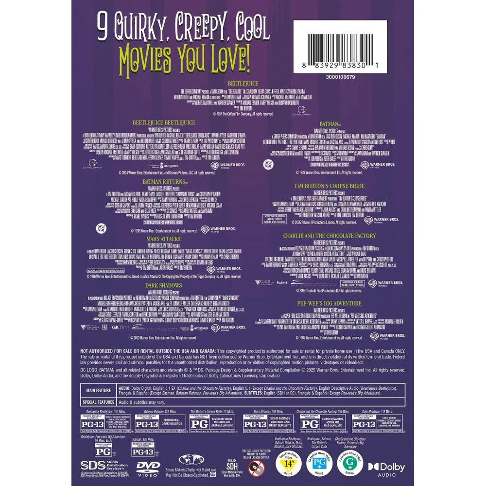 Warner Home Video Tim Burton 9-Film DVD Collection, Comedy, Action, Adventure, Drama, 8-Disc Set, 480p, English Subtitles - Image 3