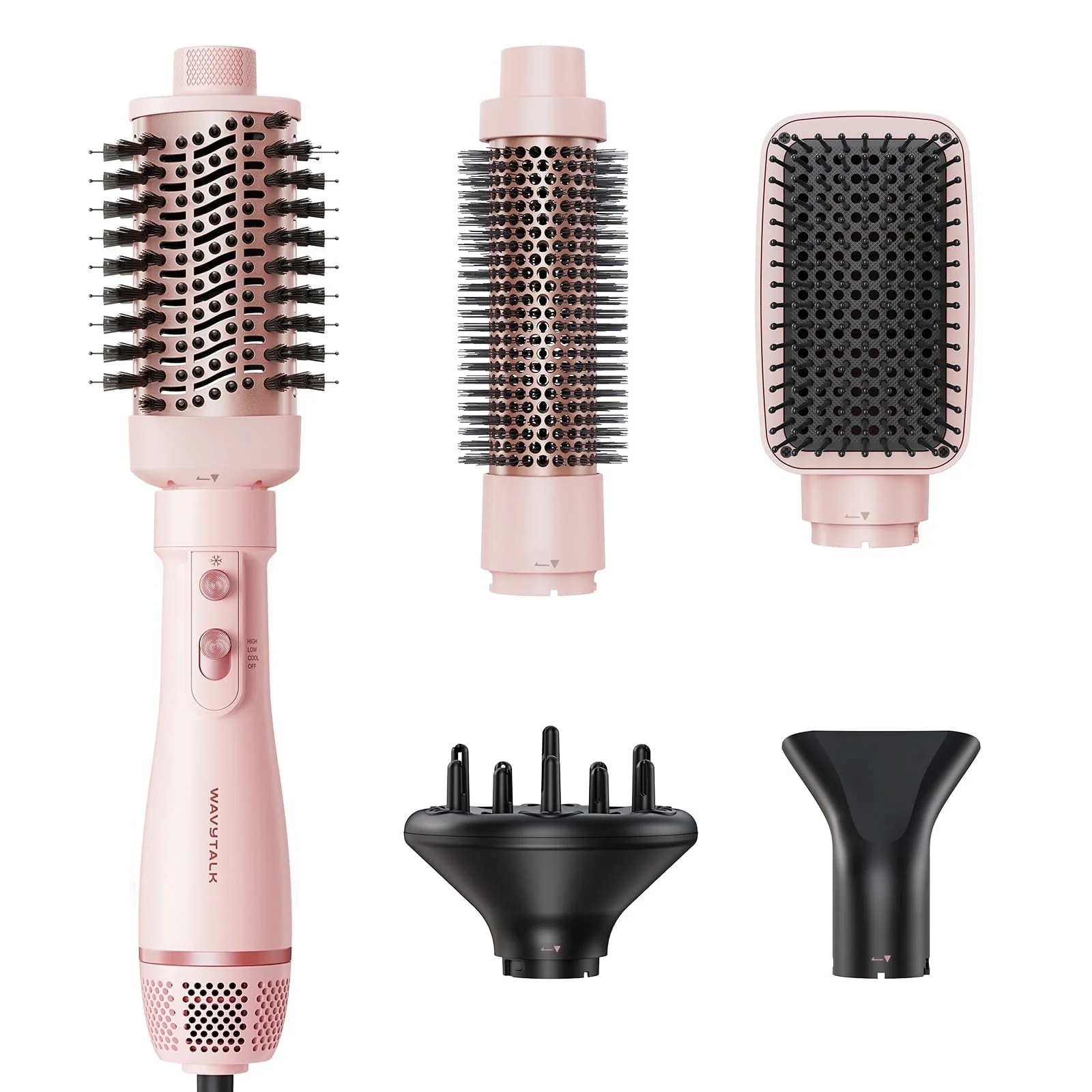 Wavytalk 5 in 1 Hot Air Brush Set, Multi Hair Styler with Five Interchangeable Heads, 1000W Motor, Pink