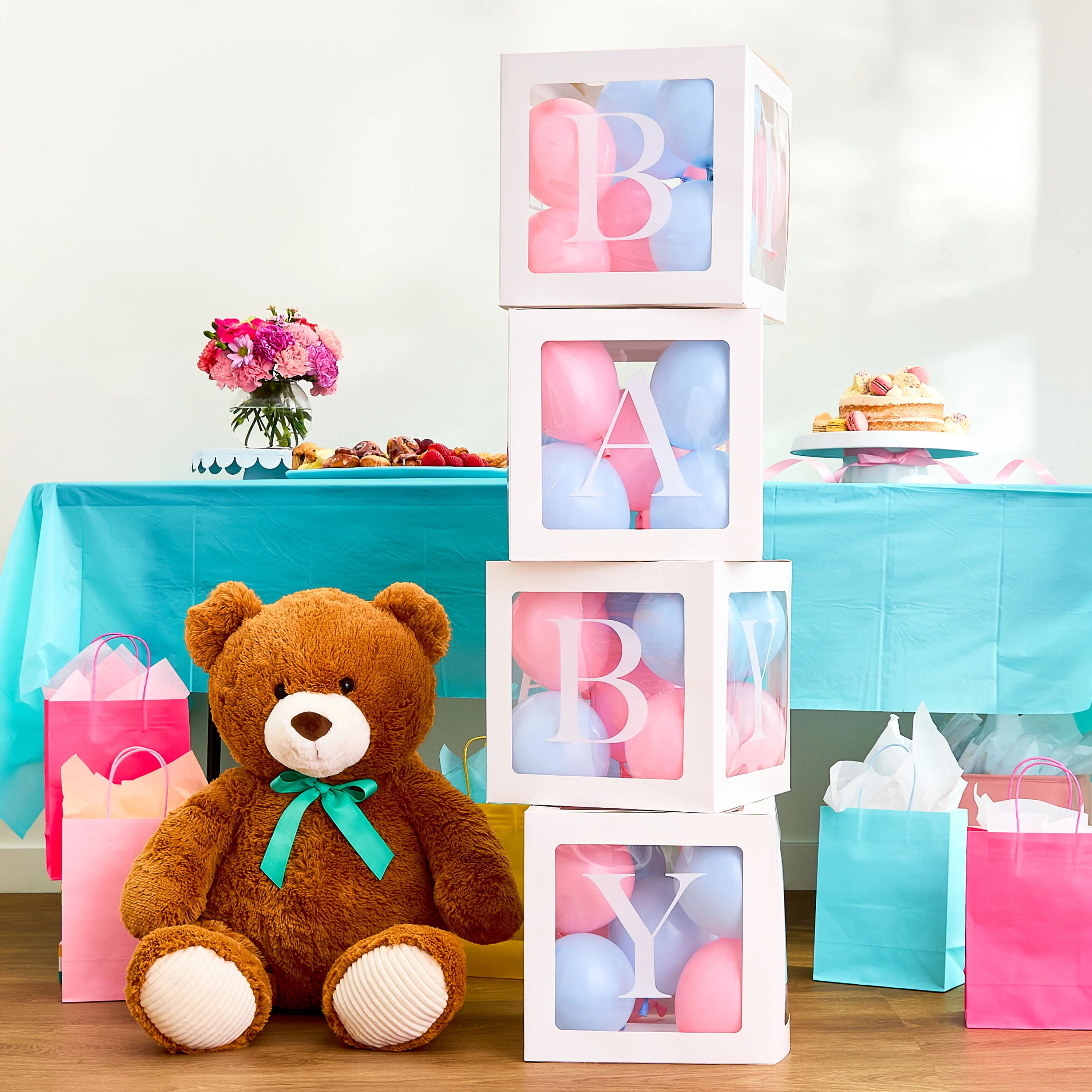 Way To Celebrate Bear Plush Toy, 36-Inch, Tan with Teal Ribbon - Image 2