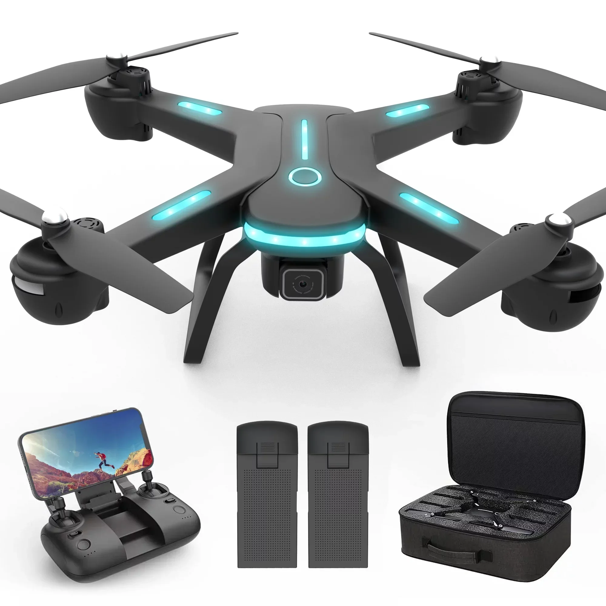 WeFone JY03 Drone with 1080P HD Camera for Adults and Kids, FPV RC Quadcopter with LED Lights and Optical flow Sensor, 2 Batteries, Black